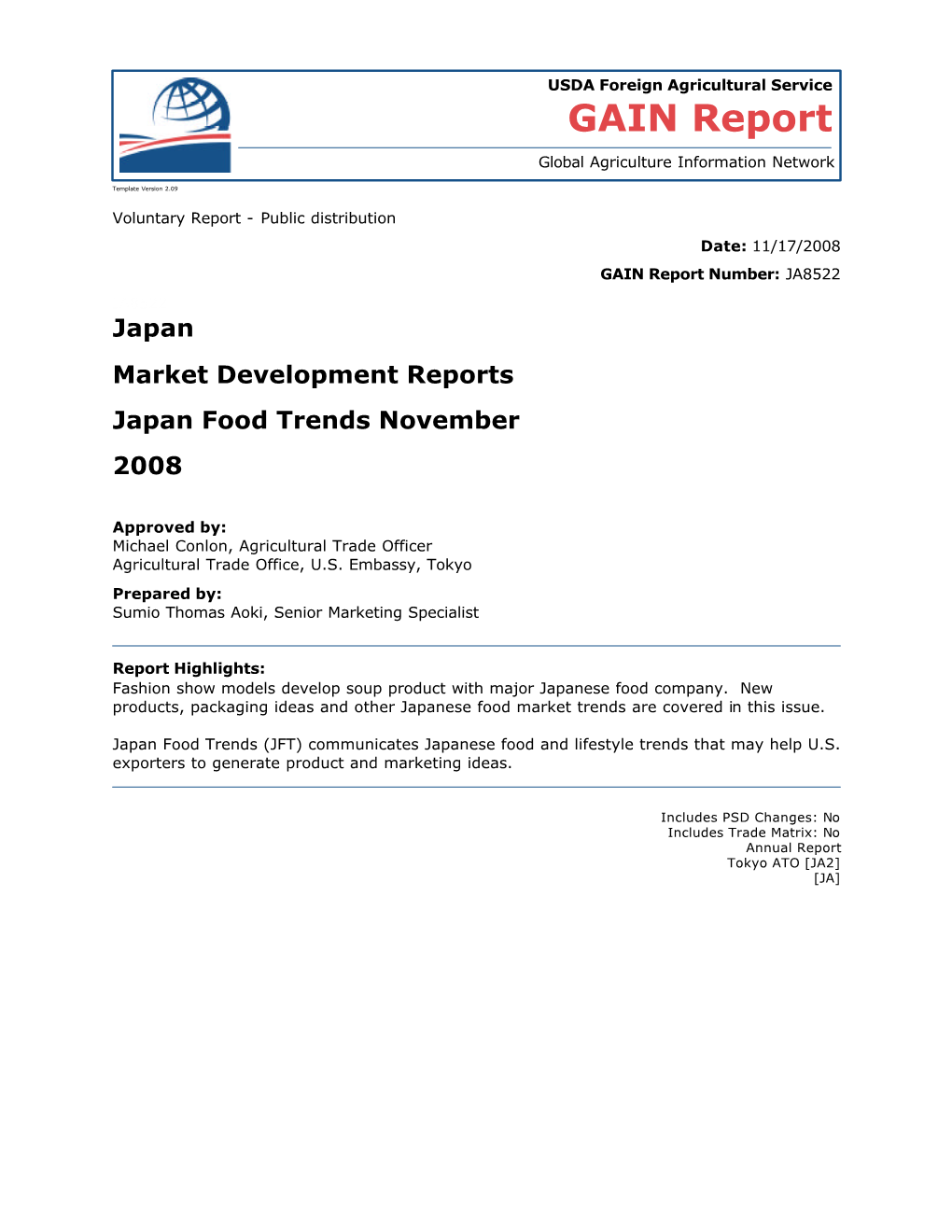 Japan Market Development Reports Japan Food Trends November 2008