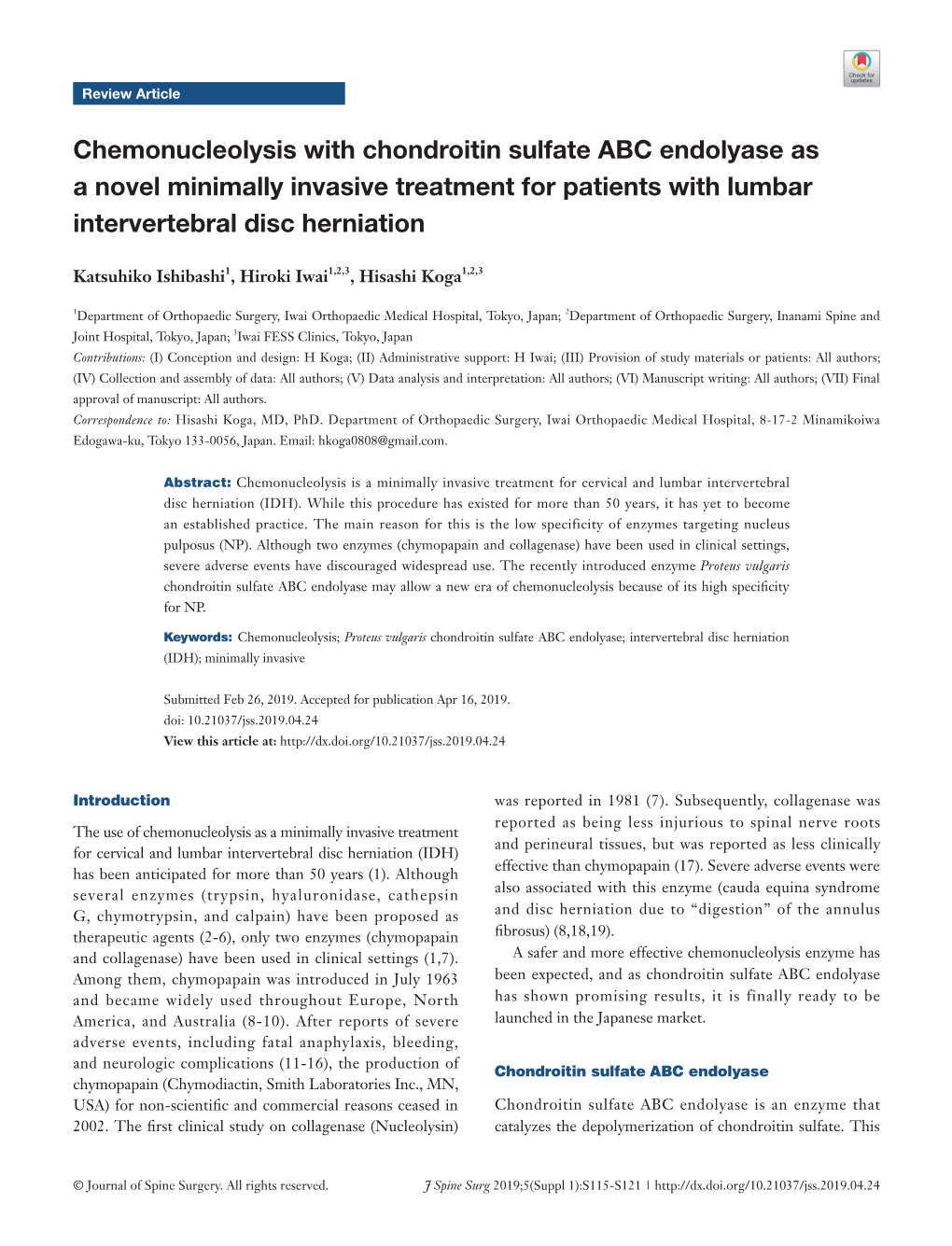 Chemonucleolysis with Chondroitin Sulfate ABC Endolyase As a Novel Minimally Invasive Treatment for Patients with Lumbar Intervertebral Disc Herniation