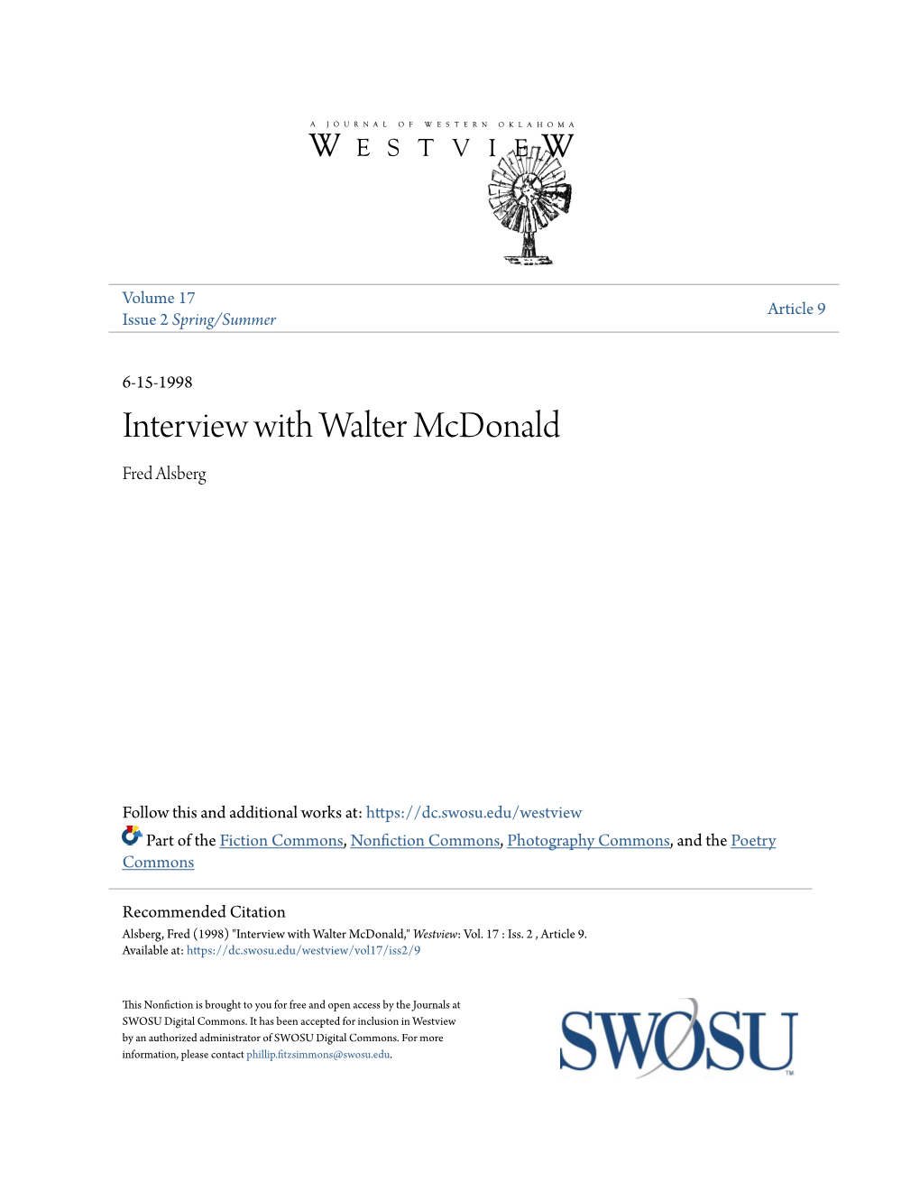 Interview with Walter Mcdonald Fred Alsberg