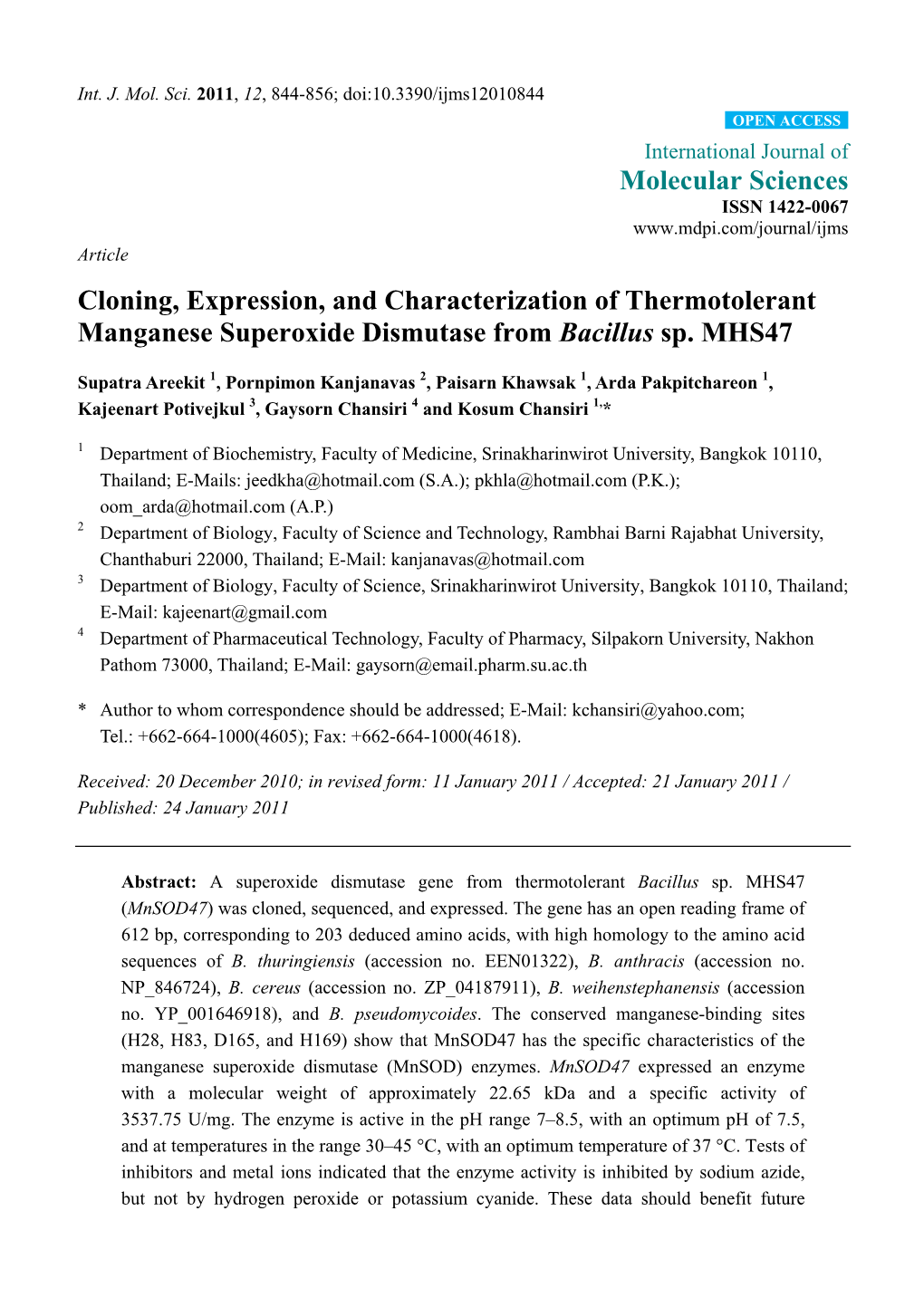Cloning, Expression, and Characterization of Thermotolerant Manganese Superoxide Dismutase from Bacillus Sp