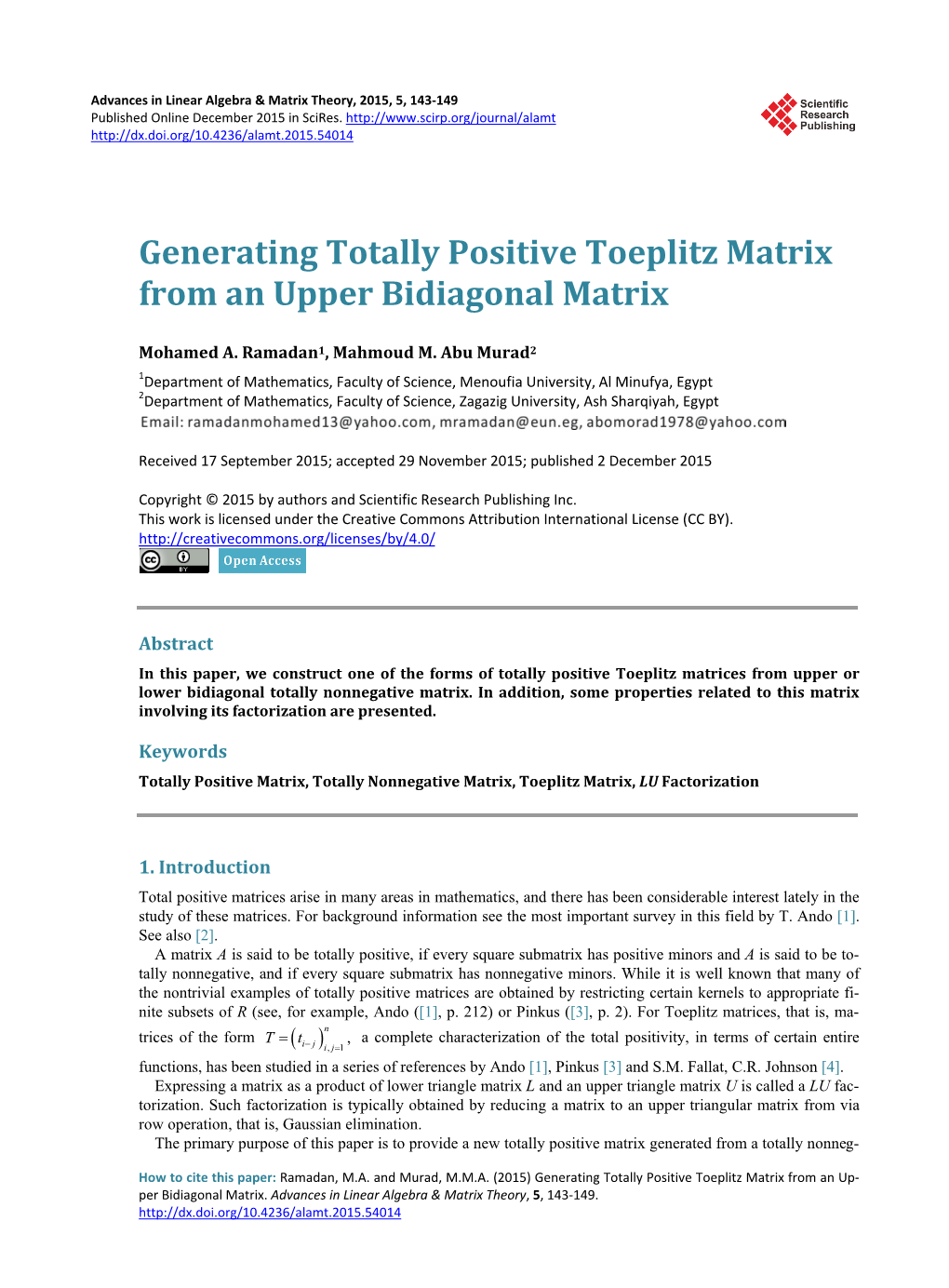 Generating Totally Positive Toeplitz Matrix from an Upper Bidiagonal Matrix