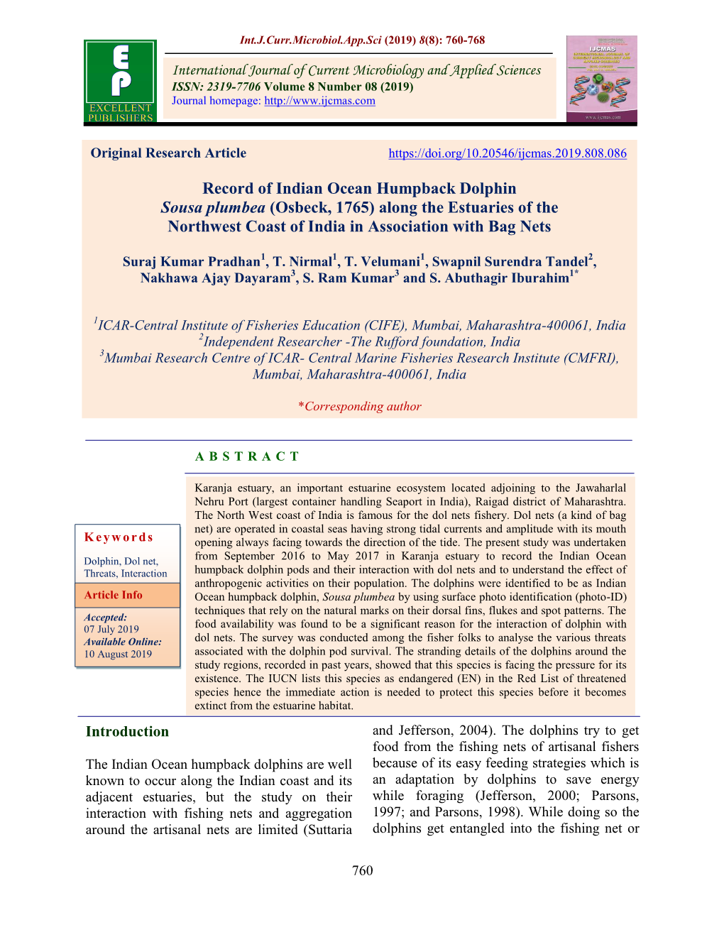 Record of Indian Ocean Humpback Dolphin Sousa Plumbea (Osbeck, 1765) Along the Estuaries of the Northwest Coast of India in Association with Bag Nets