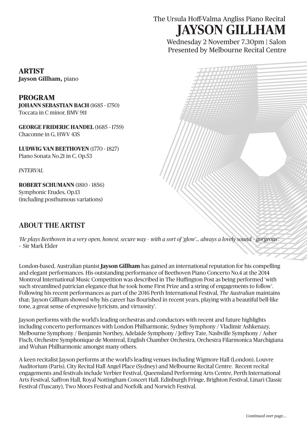 JAYSON GILLHAM Wednesday 2 November 7.30Pm | Salon Presented by Melbourne Recital Centre