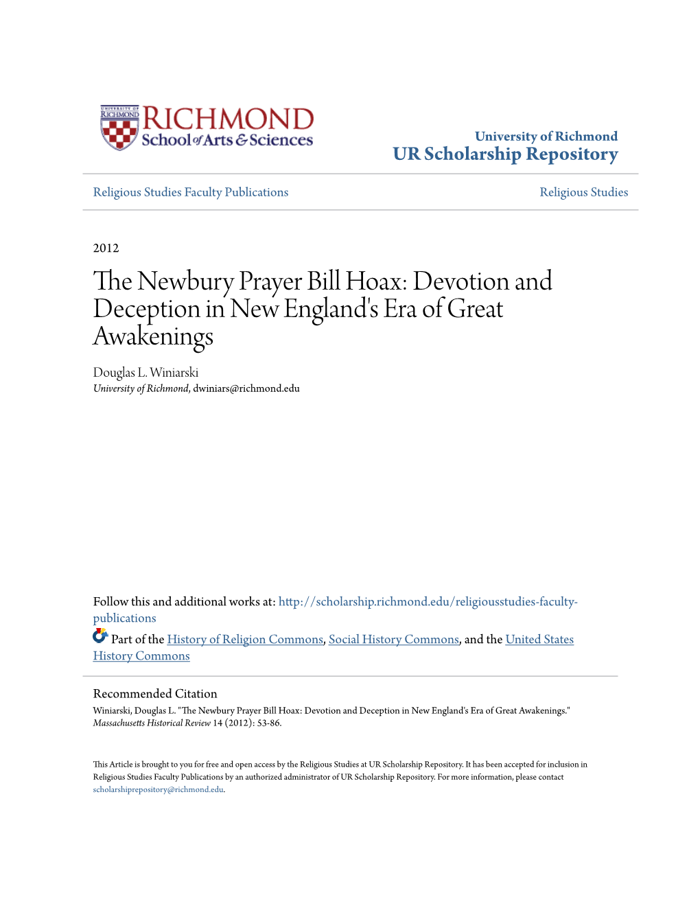 The Newbury Prayer Bill Hoax Devotion and Deception in New England’S Era of Great Awakenings Douglas L