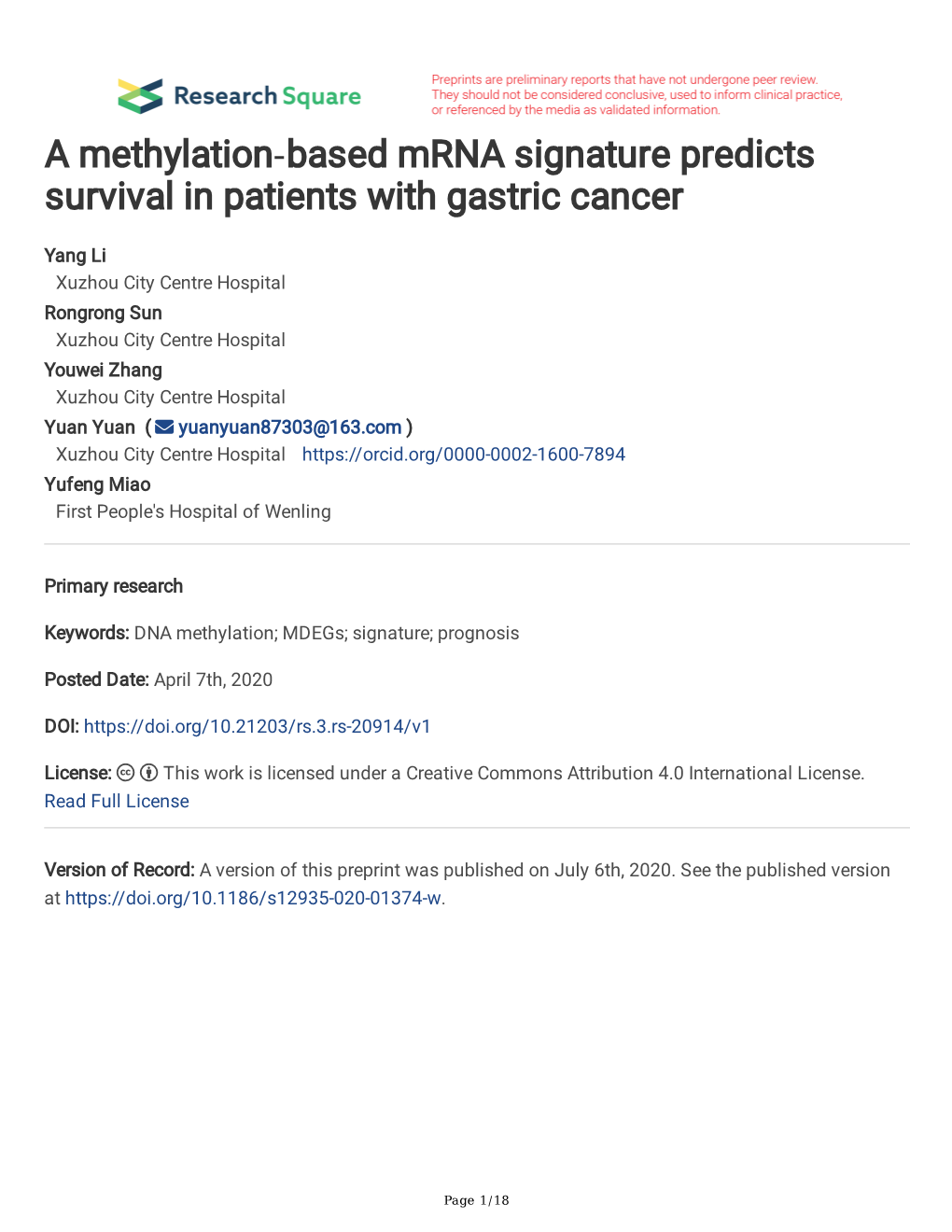 A Methylation‐Based Mrna Signature Predicts Survival in Patients with Gastric Cancer