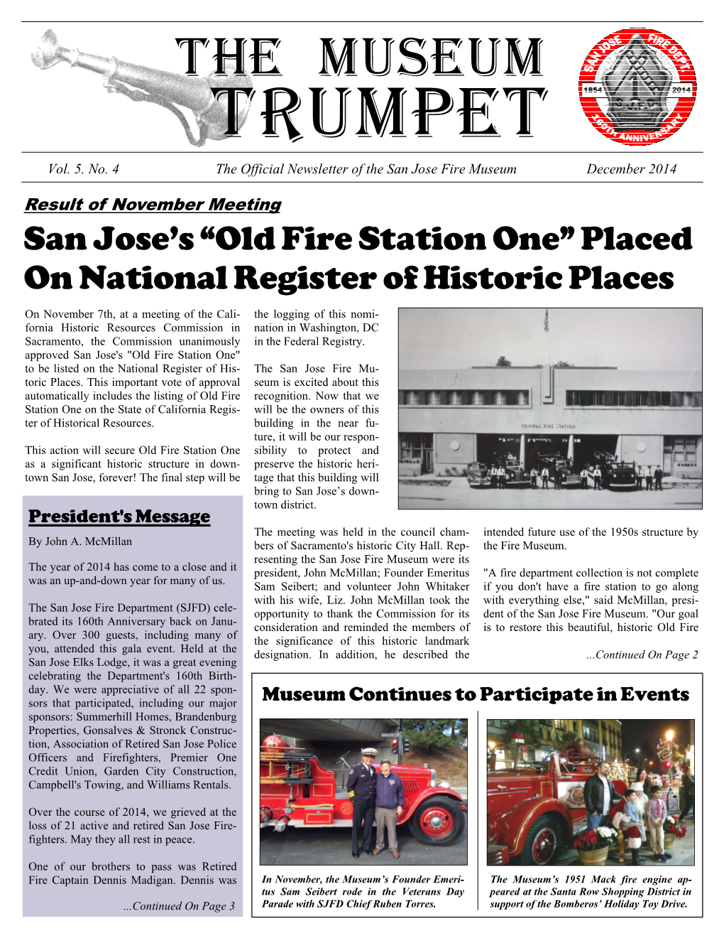 Newsletter of the San Jose Fire Museum December 2014