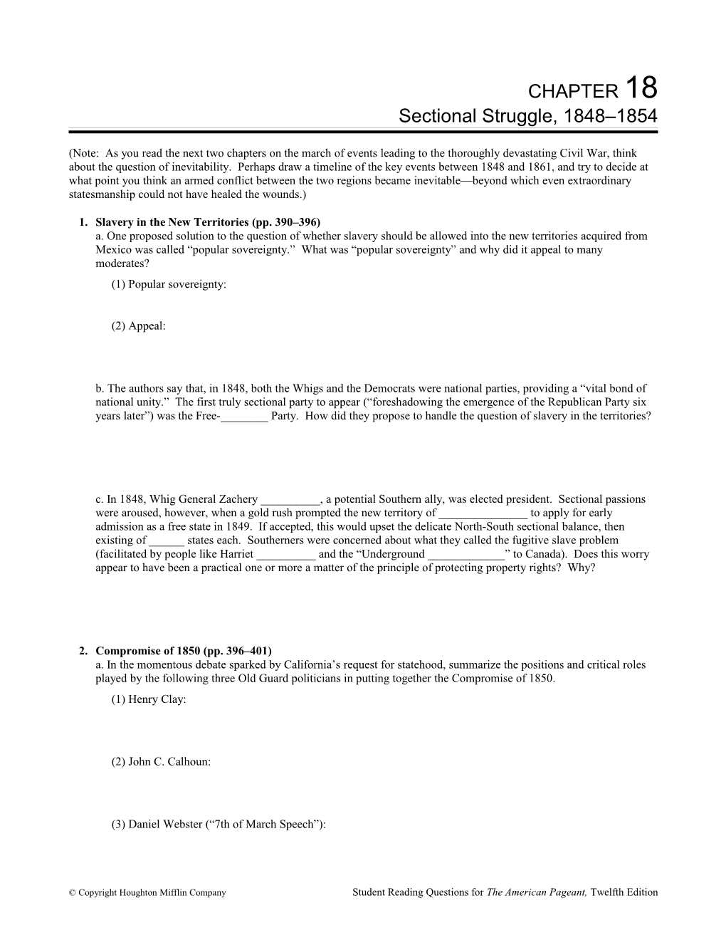 Chapter 20 Term Sheet Sectional Struggle, 1848-54