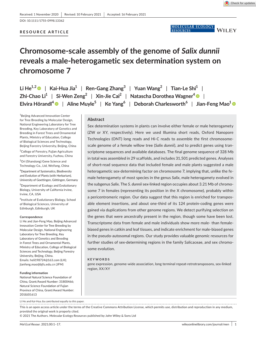 Scale Assembly of the Genome of Salix Dunnii Reveals a Male-­Heterogametic Sex Determination System on Chromosome 7