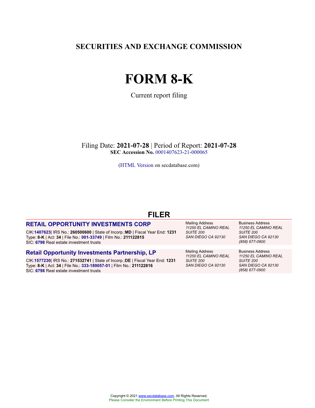 RETAIL OPPORTUNITY INVESTMENTS CORP Form 8-K Current