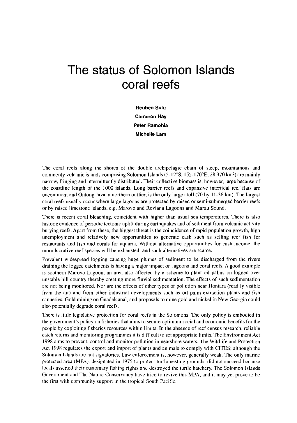 The Status of Solomon Islands Coral Reefs