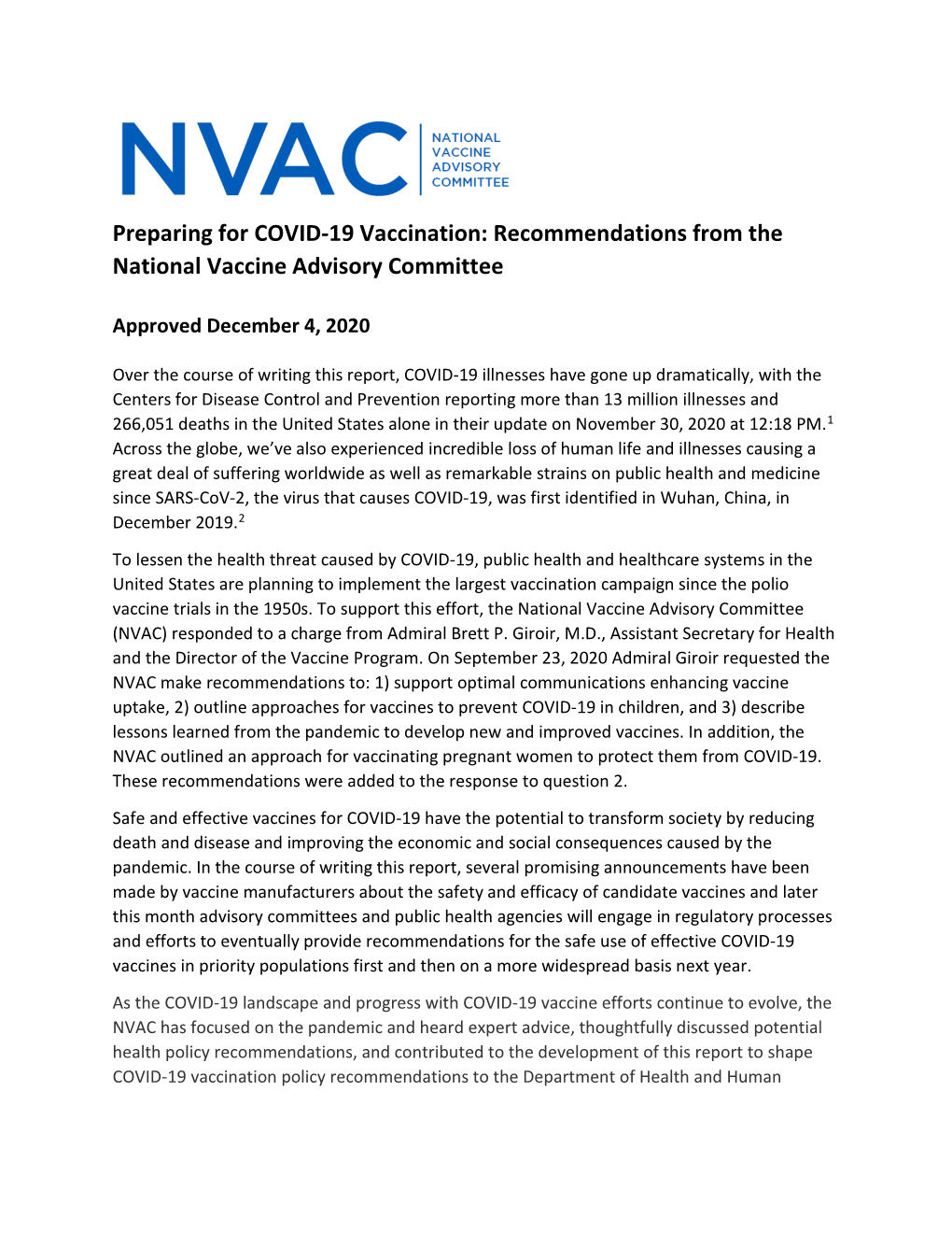 NVAC COVID-19 Charge Report to the Assistant Secretary of Health