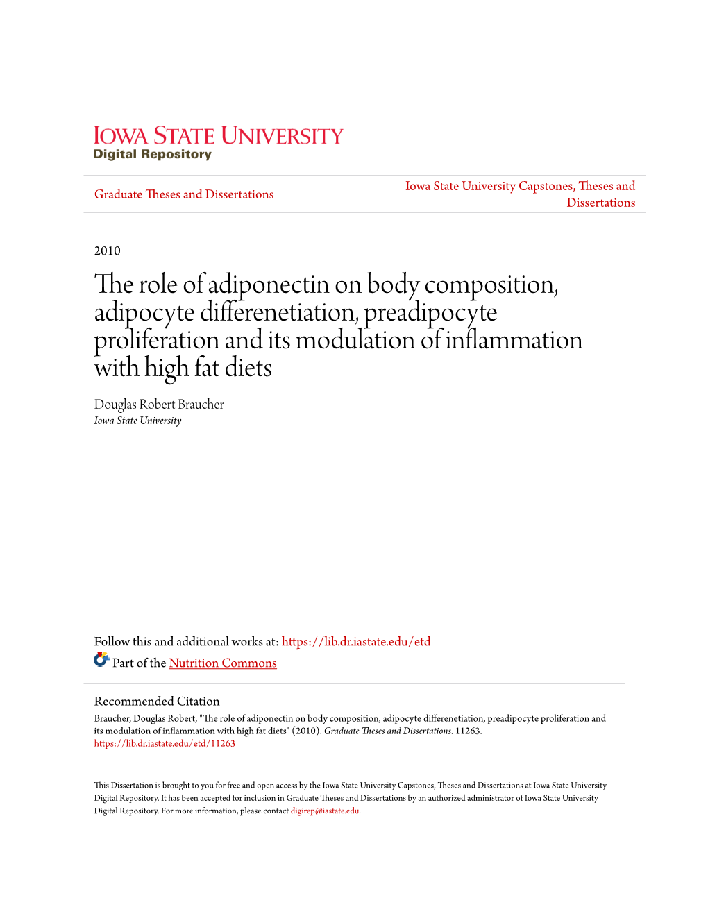 The Role of Adiponectin on Body Composition, Adipocyte Differenetiation, Preadipocyte Proliferation and Its Modulation of Inflam