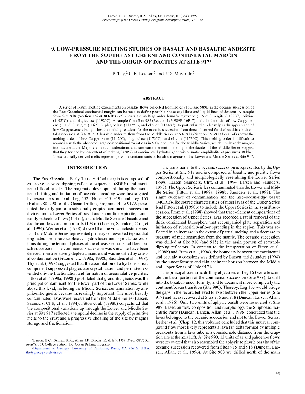 9. Low-Pressure Melting Studies of Basalt and Basaltic Andesite from the Southeast Greenland Continental Margin and the Origin of Dacites at Site 9171