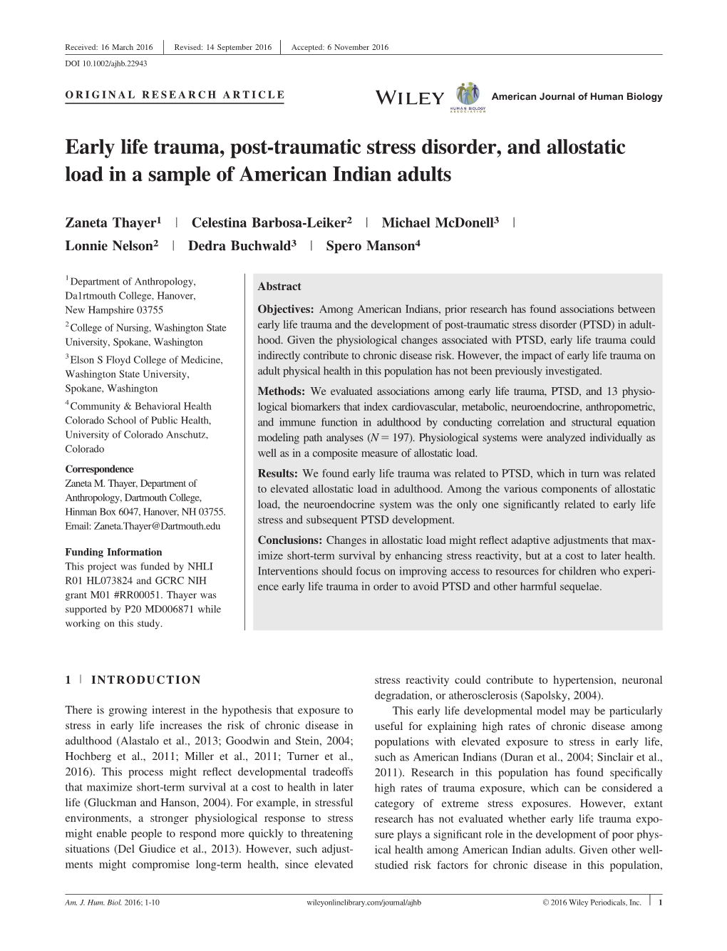 Early Life Trauma, Post-Traumatic Stress Disorder, and Allostatic Load in a Sample of American Indian Adults