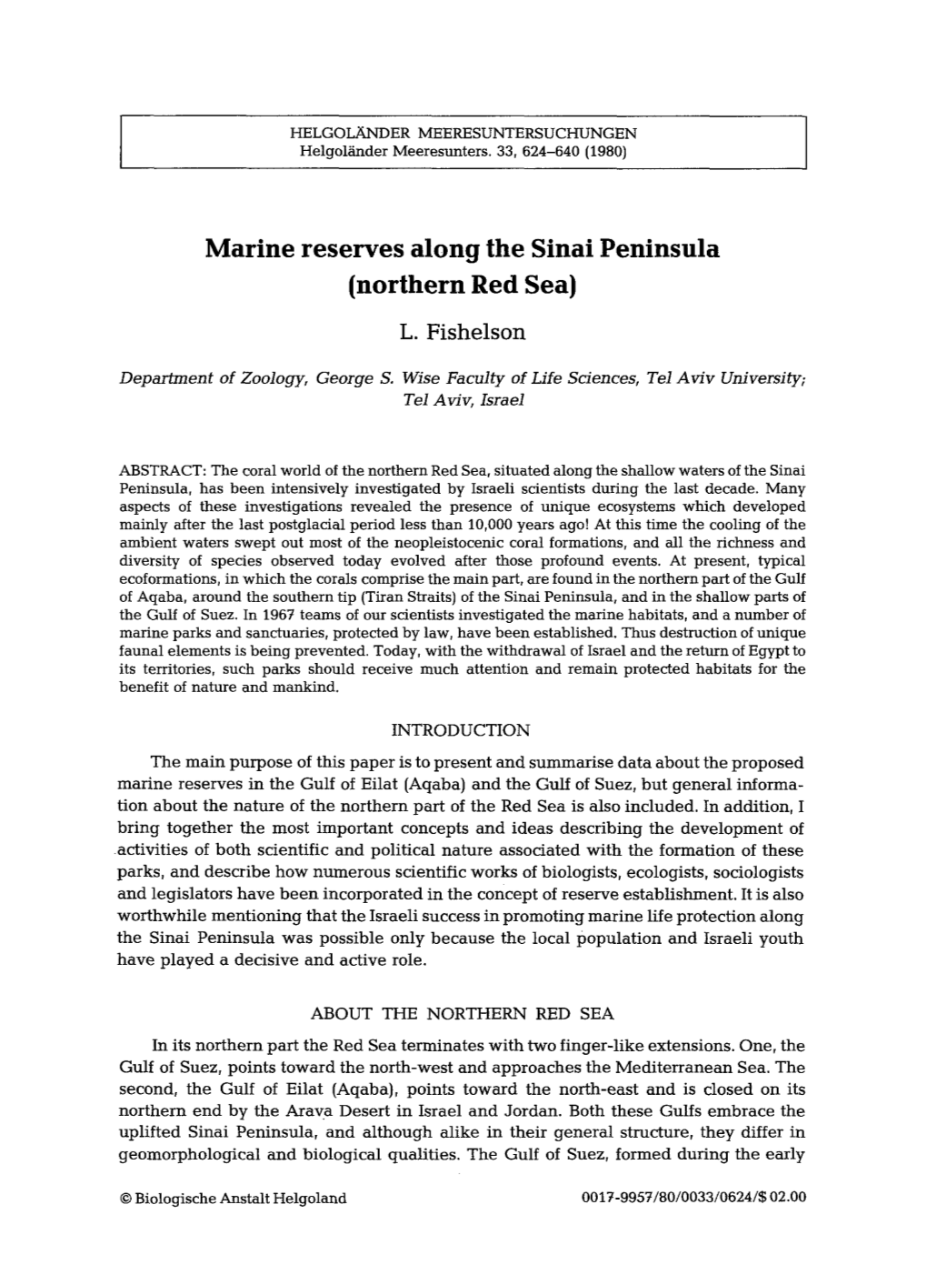 Marine Reserves Along the Sinai Peninsula (Northern Red Sea) L