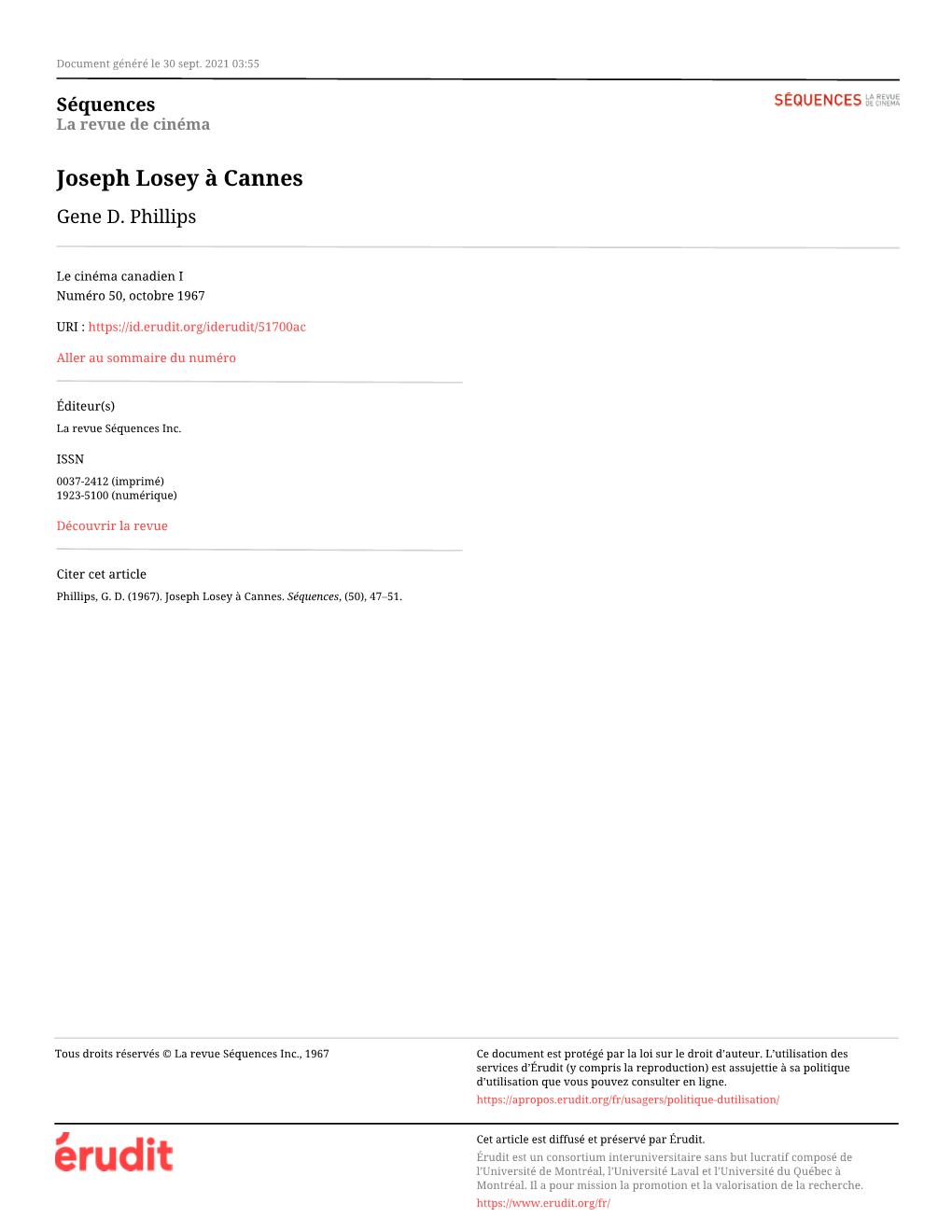 Joseph Losey À Cannes Gene D