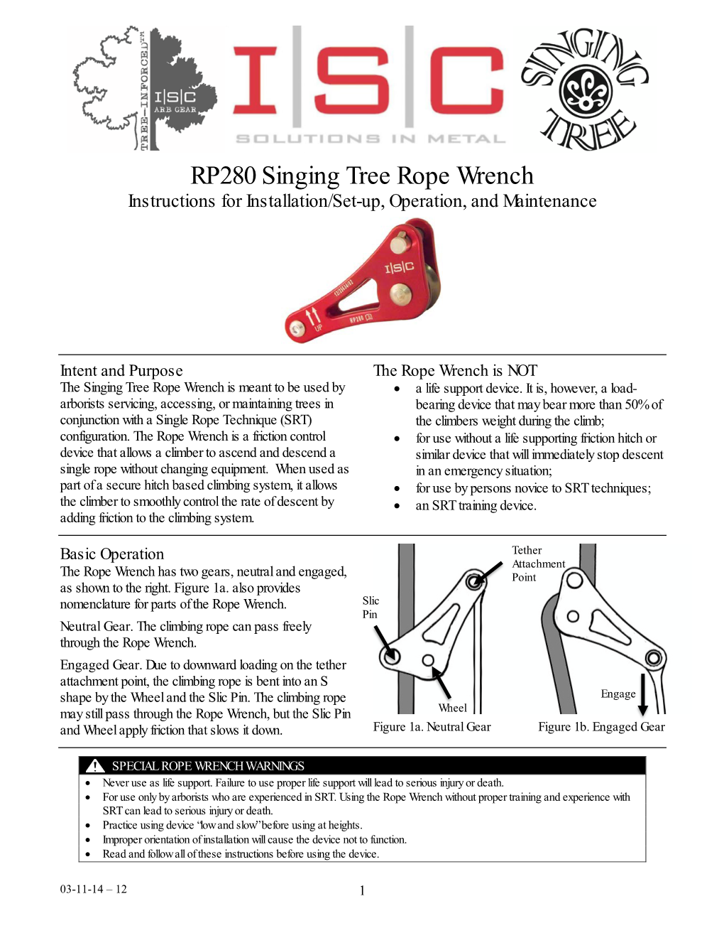 RP280 Singing Tree Rope Wrench Instructions for Installation/Set-Up, Operation, and Maintenance