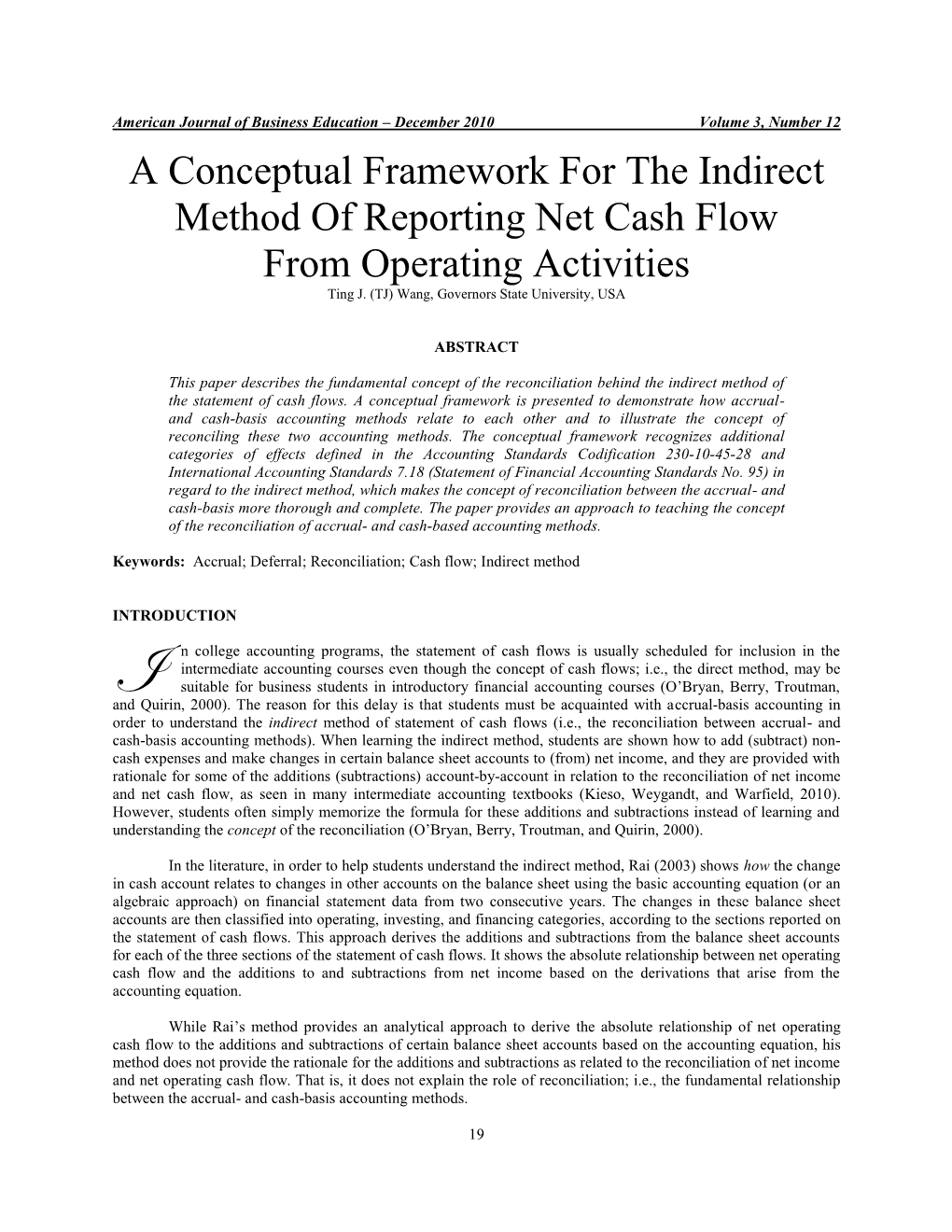 Reconciliation of Net Income to Cash Flow from Operations: an Accounting Equation Approach