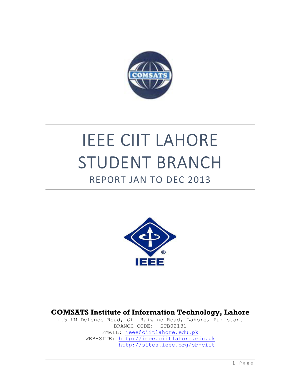 Ieee Ciit Lahore Student Branch Report Jan to Dec 2013