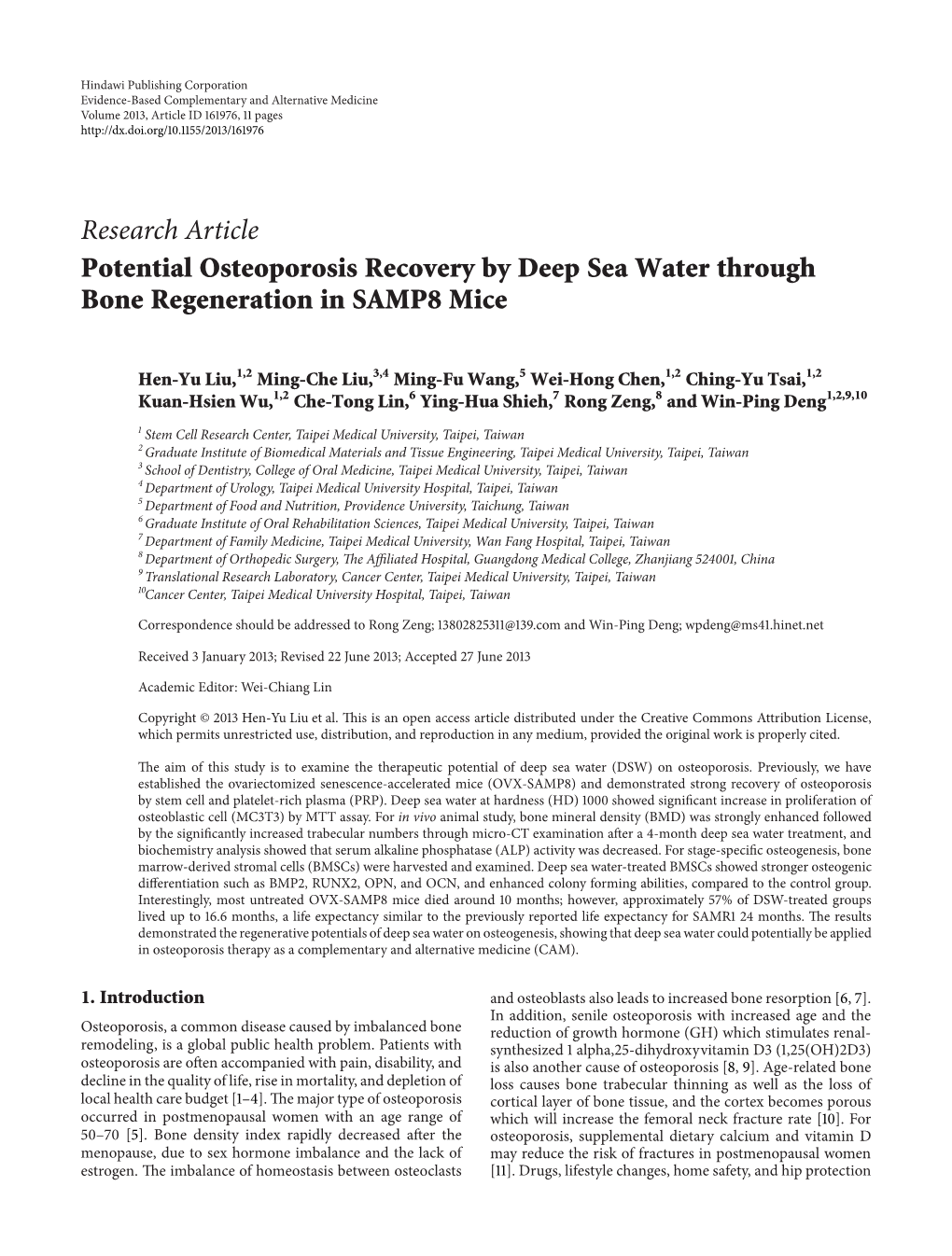 Potential Osteoporosis Recovery by Deep Sea Water Through Bone Regeneration in SAMP8 Mice