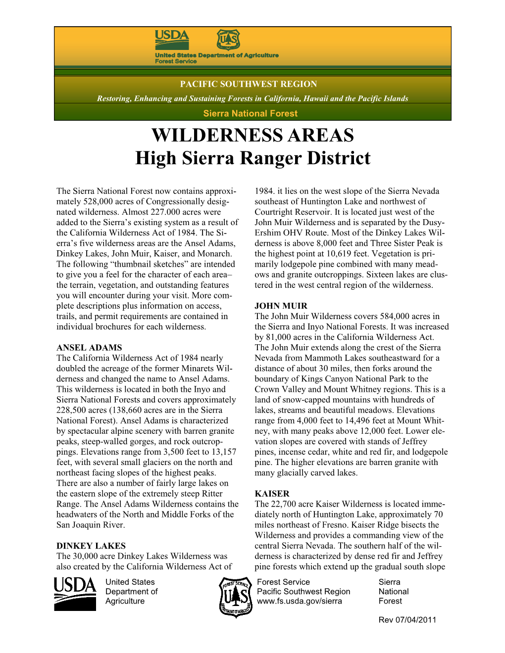 WILDERNESS AREAS High Sierra Ranger District