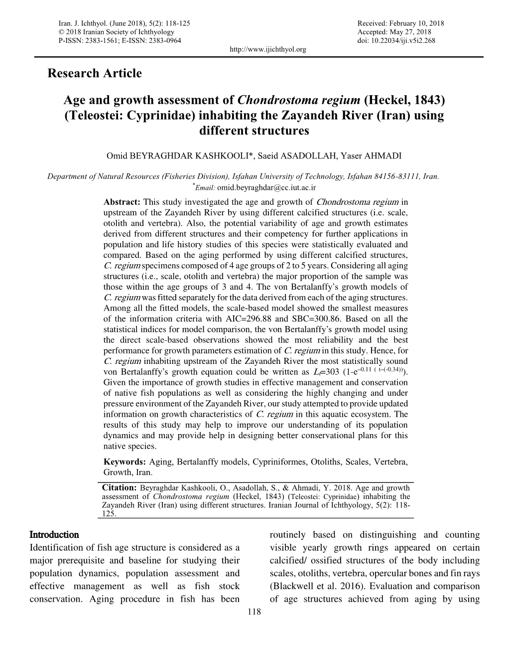 Research Article Age and Growth Assessment of Chondrostoma