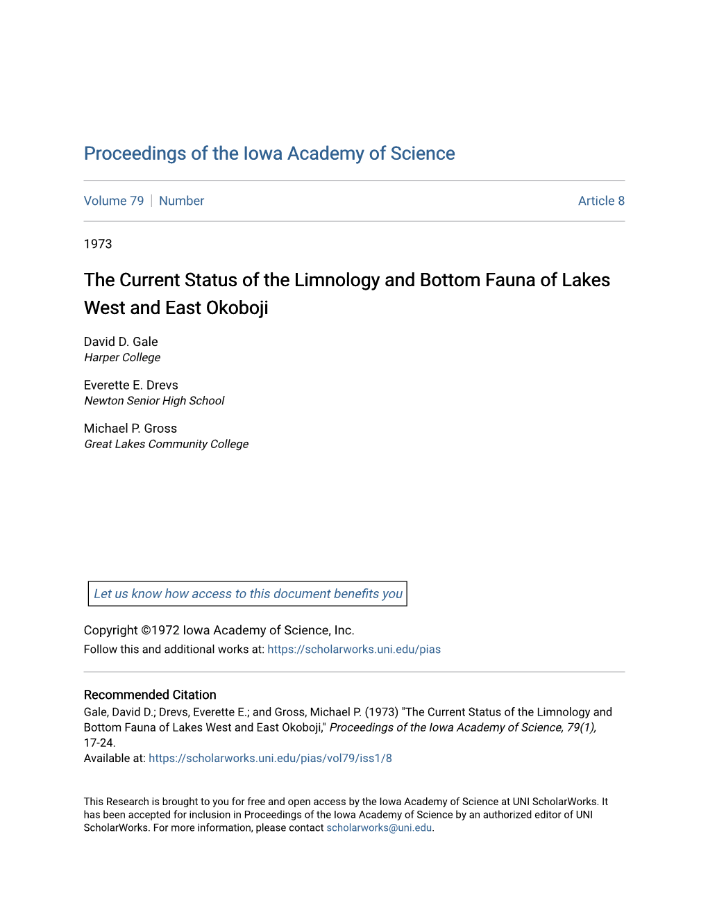 The Current Status of the Limnology and Bottom Fauna of Lakes West and East Okoboji