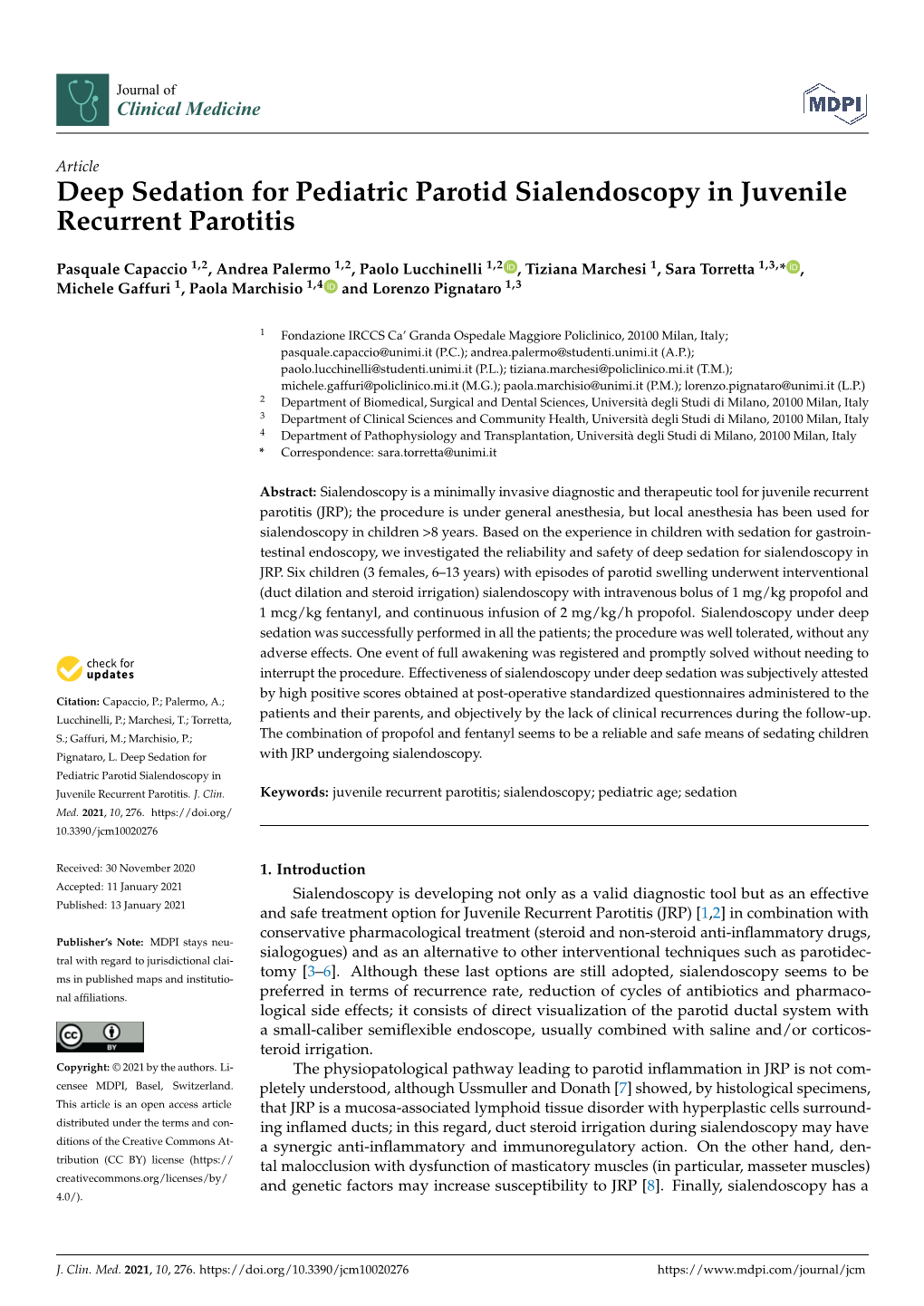 Deep Sedation for Pediatric Parotid Sialendoscopy in Juvenile Recurrent Parotitis
