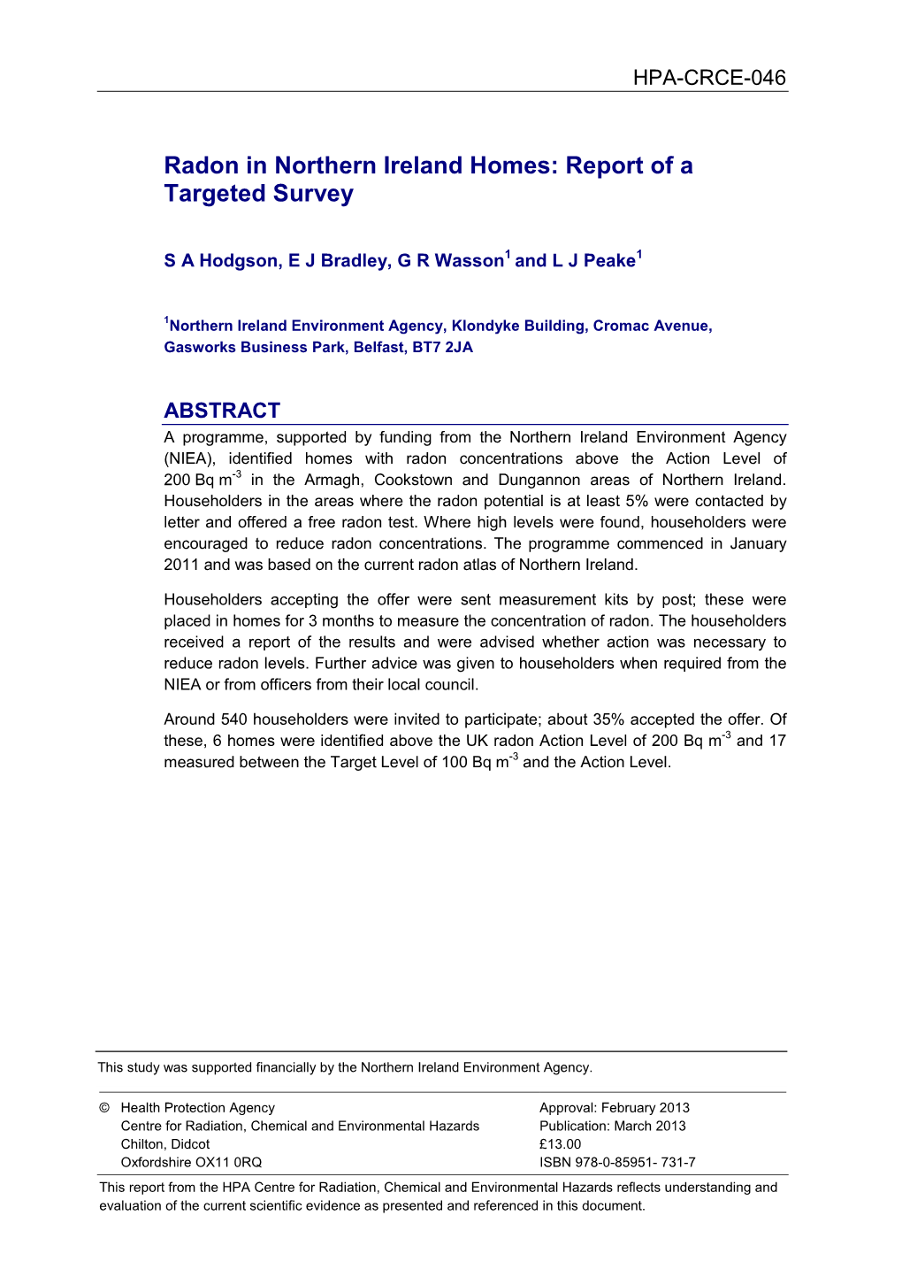 Radon in Northern Ireland Homes: Report of a Targeted Survey