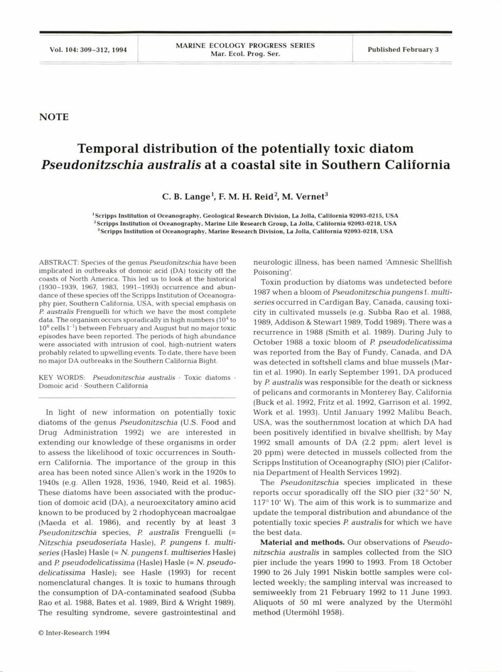 Temporal Distribution of the Potentially Toxic Diatom Pseudonitzschia Australis at a Coastal Site in Southern California