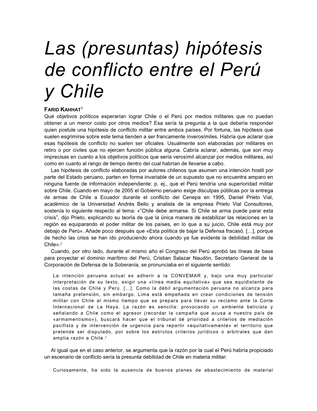 Hipótesis De Conflicto Entre El Perú Y Chile