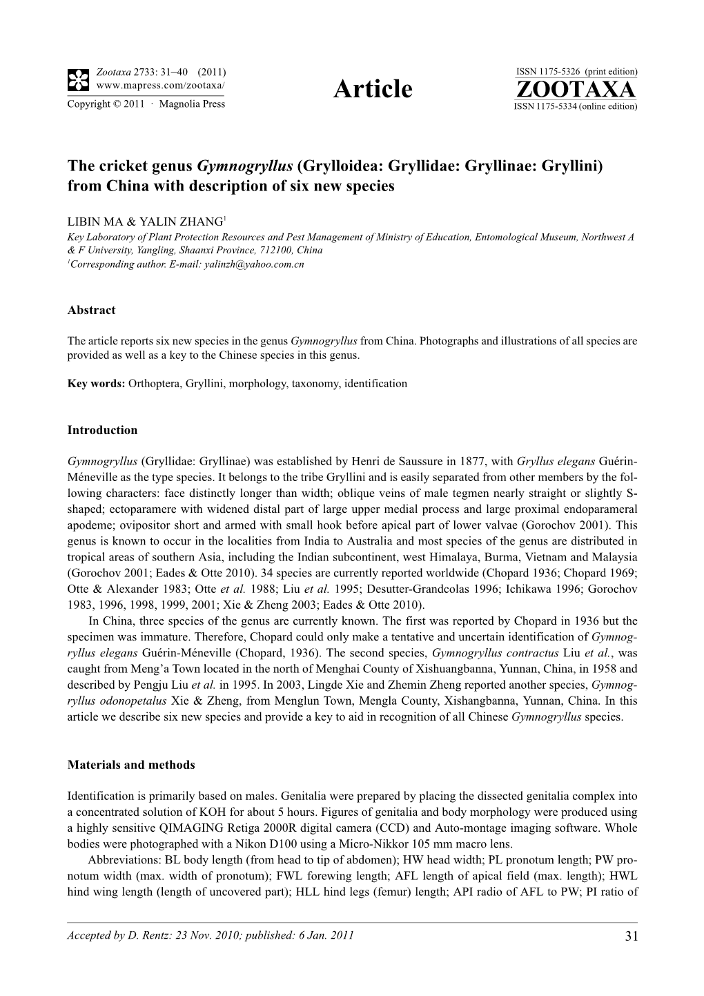 Grylloidea: Gryllidae: Gryllinae: Gryllini) from China with Description of Six New Species