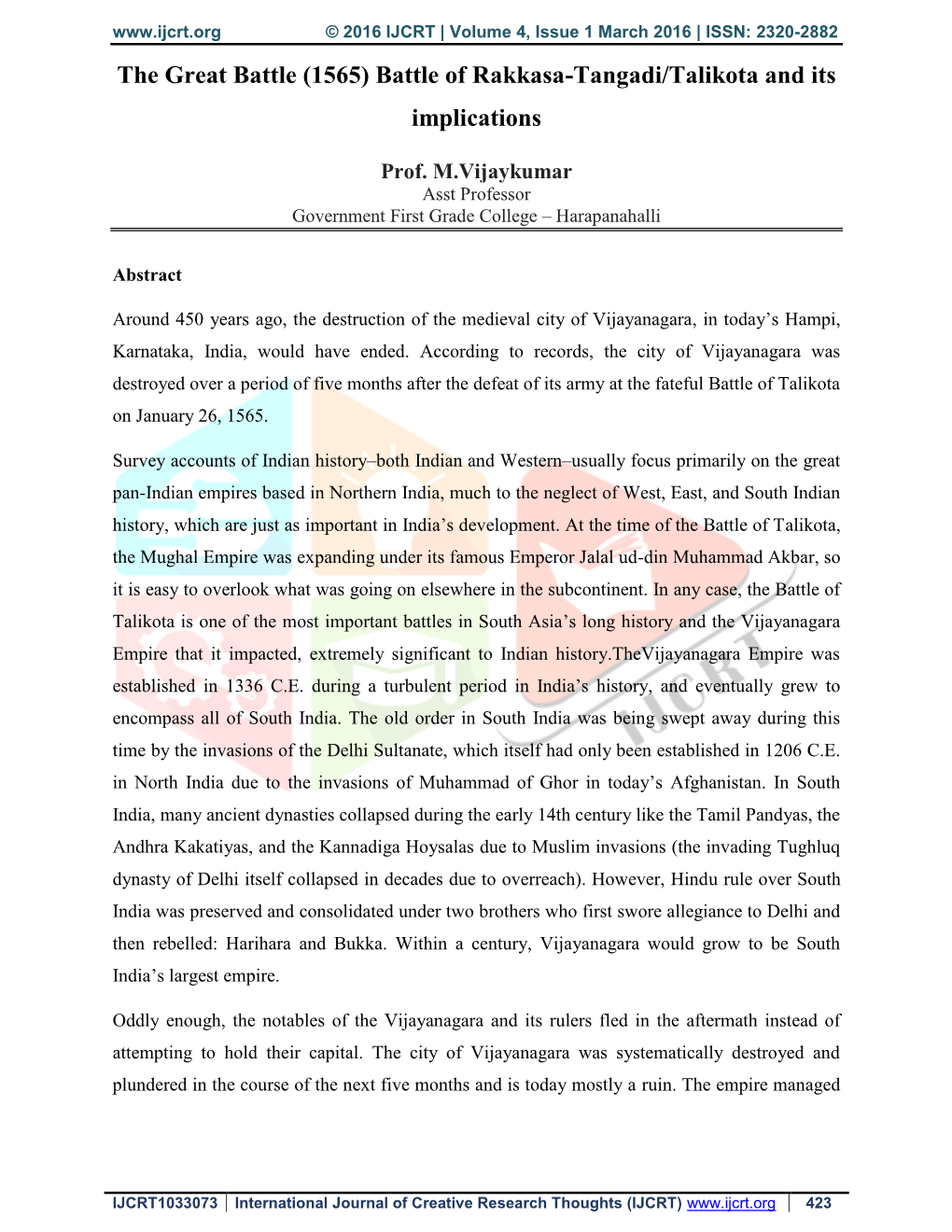 Battle of Rakkasa-Tangadi/Talikota and Its Implications