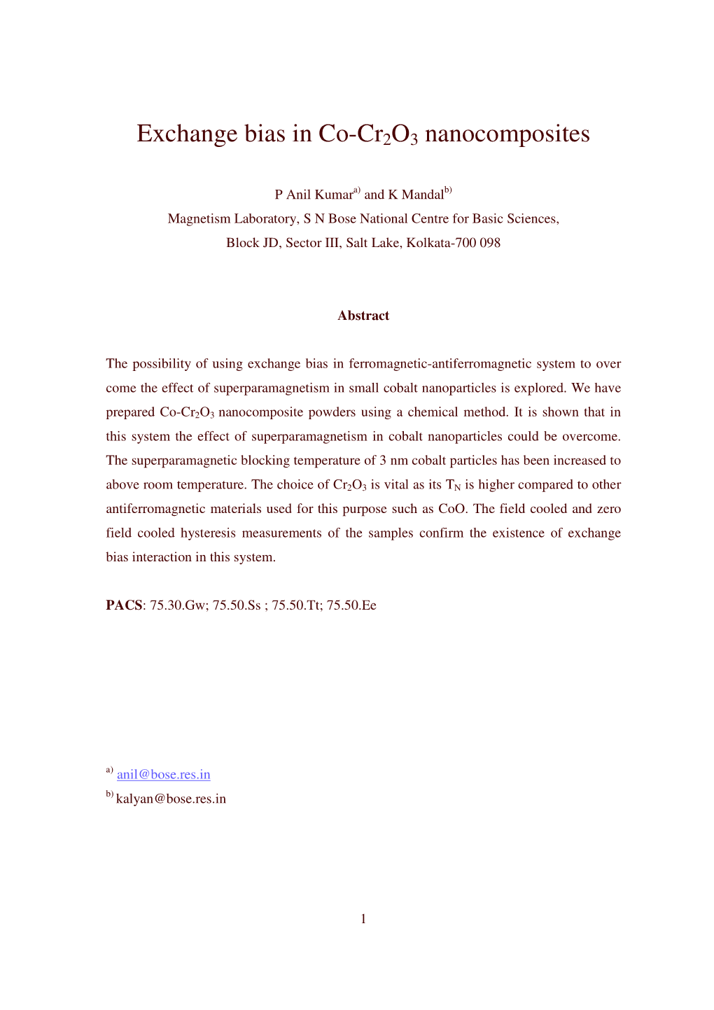 Exchange Bias in Co-Cr2o3 Nanocomposites