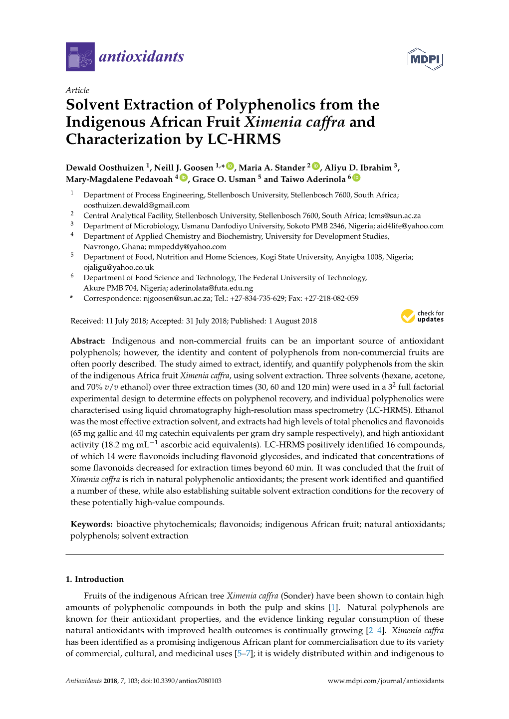 Solvent Extraction of Polyphenolics from the Indigenous African Fruit Ximenia Caffra and Characterization by LC-HRMS