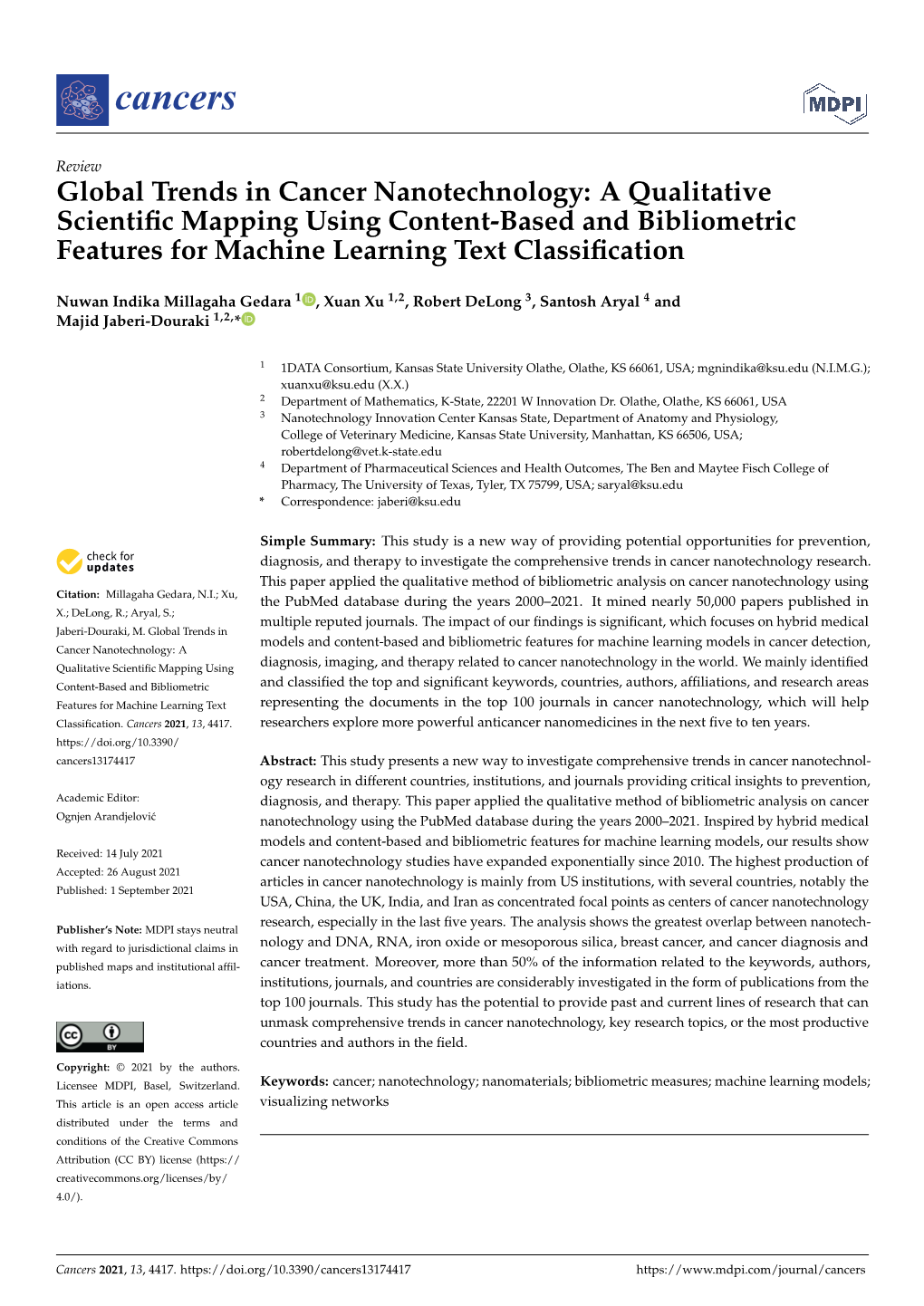 Global Trends in Cancer Nanotechnology: a Qualitative Scientiﬁc Mapping Using Content-Based and Bibliometric Features for Machine Learning Text Classiﬁcation