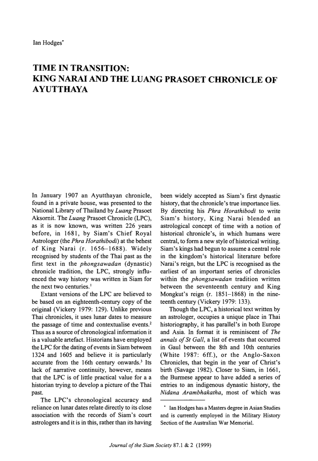 King Narai and the Luang Prasoet Chronicle of Ayutthaya