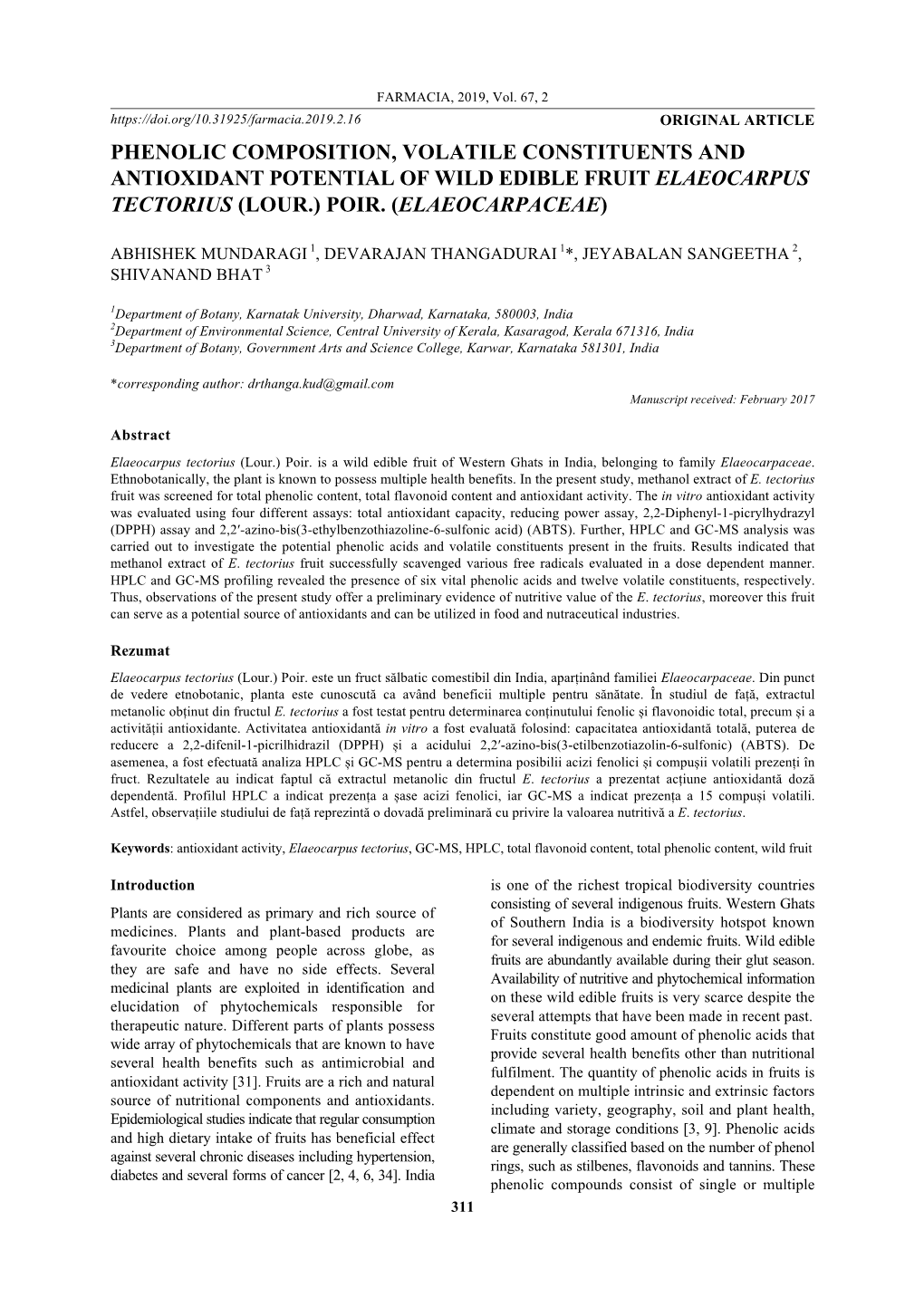 Phenolic Composition, Volatile Constituents and Antioxidant Potential of Wild Edible Fruit Elaeocarpus Tectorius (Lour.) Poir. (Elaeocarpaceae)