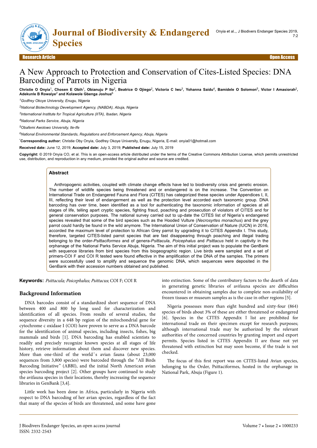 DNA Barcoding of Parrots in Nigeria