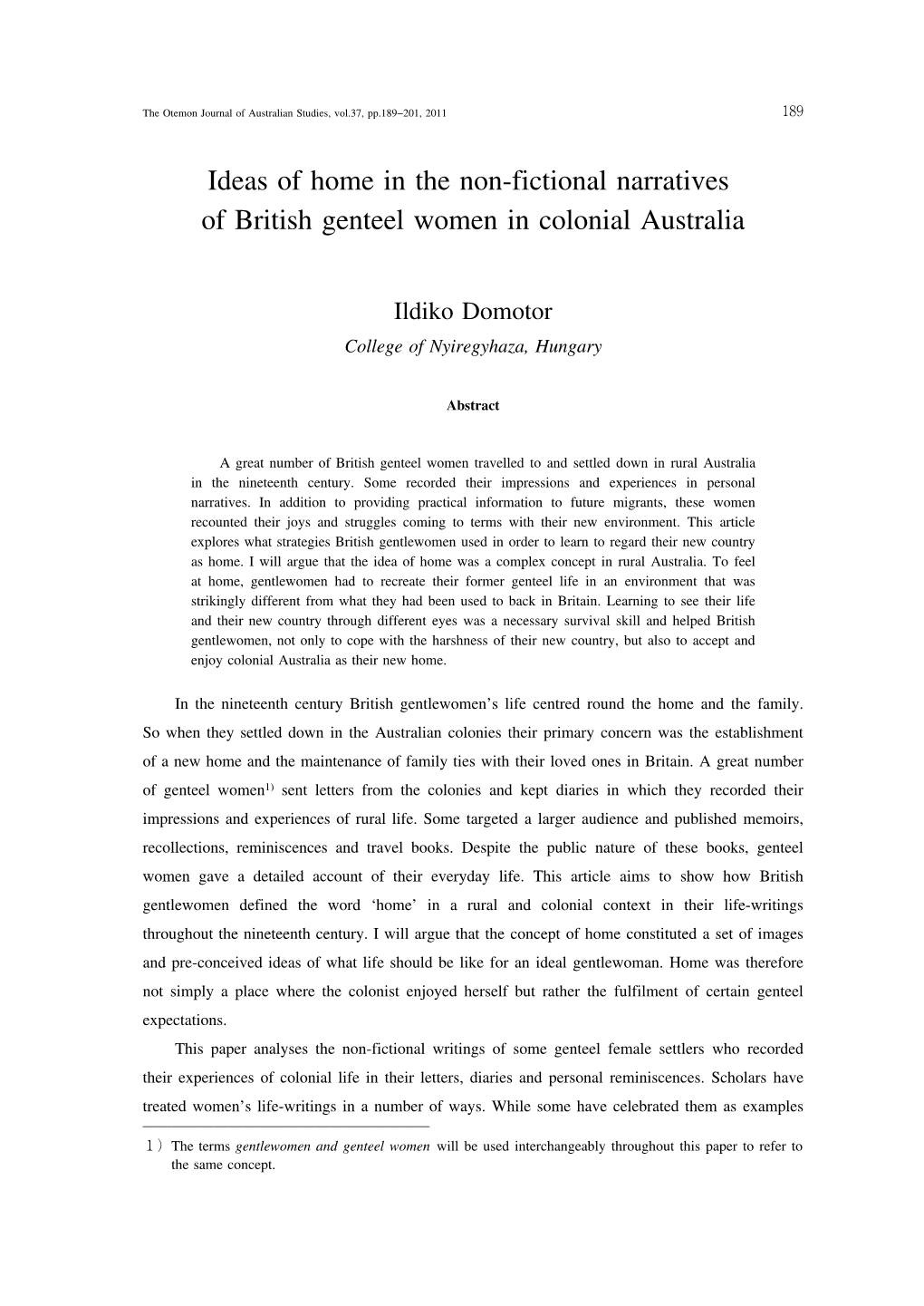 Ideas of Home in the Non-Fictional Narratives of British Genteel Women in Colonial Australia