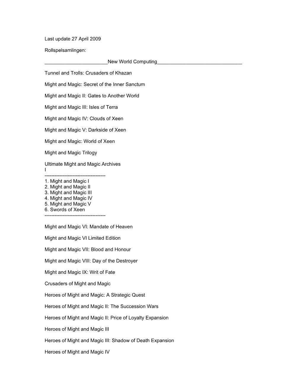 Last Update 27 April 2009 Rollspelsamlingen