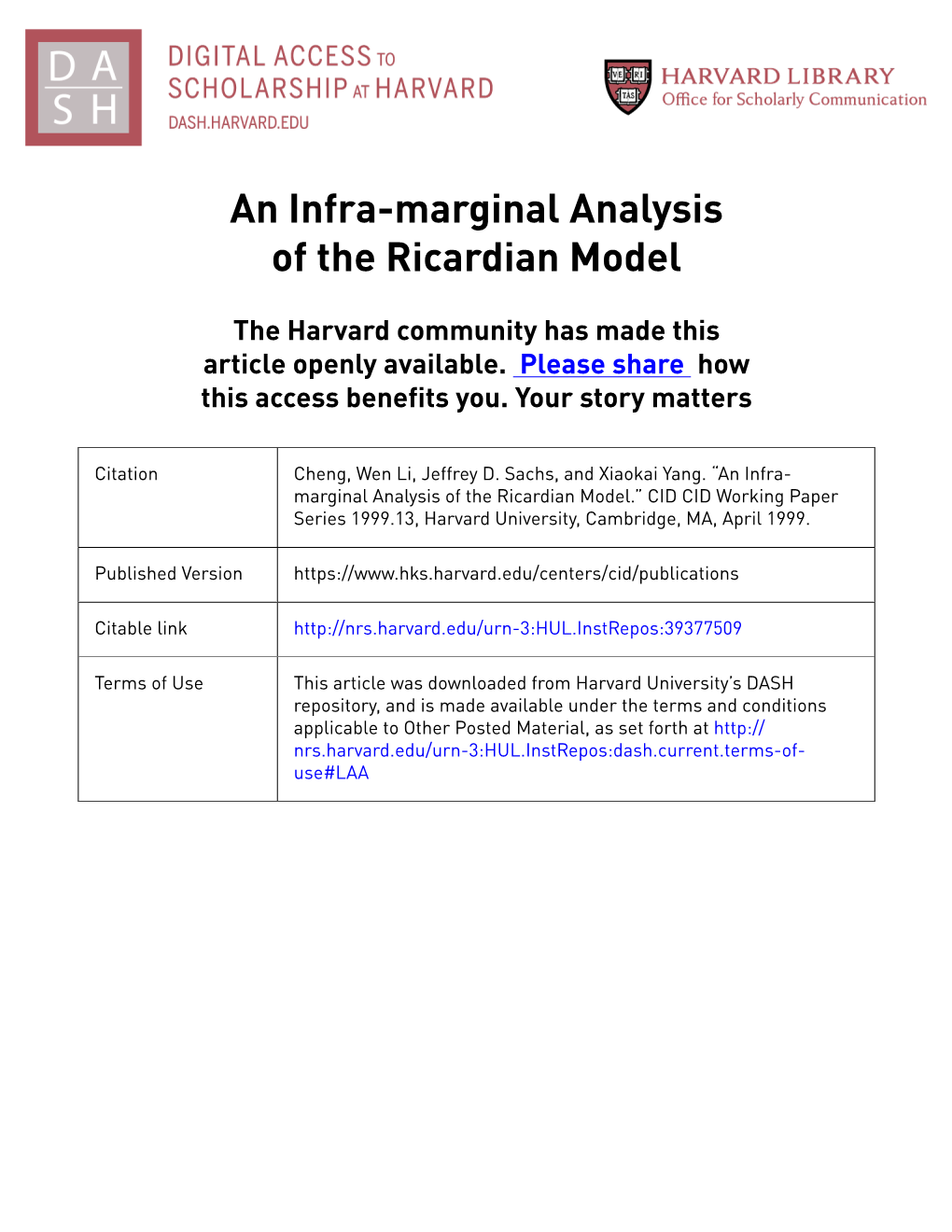 CID Working Paper No. 013 :: an Infra-Marginal Analysis of The