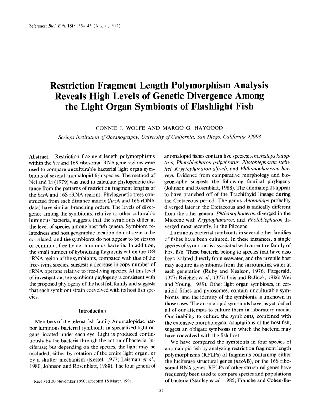 Restriction Fragment Length Polymorphism Analysis Reveals High Levels of Genetic Divergence Among the Light Organ Symbionts of Flashlight Fish