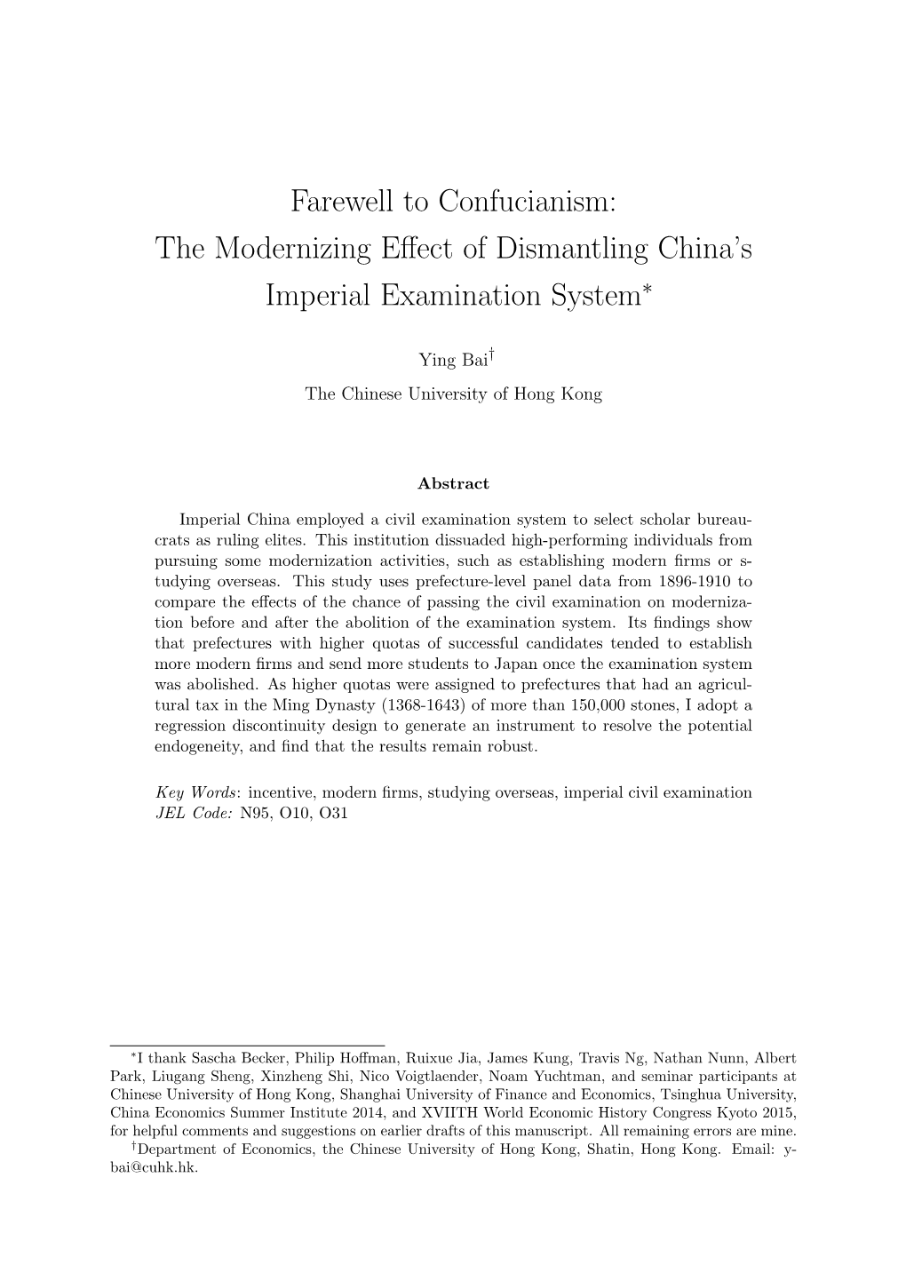 The Modernizing Effect of Dismantling China's Imperial Examination System