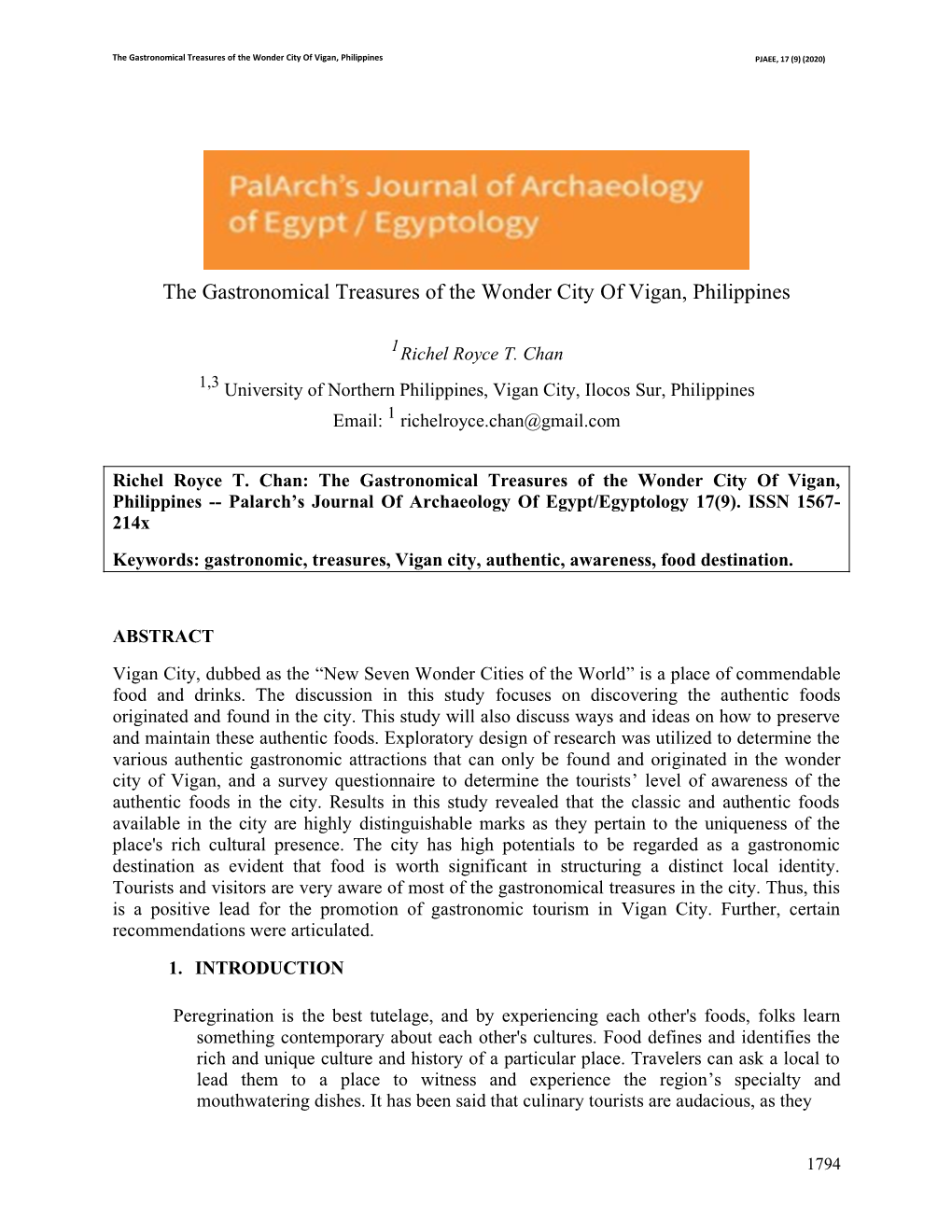 The Gastronomical Treasures of the Wonder City of Vigan, Philippines PJAEE, 17 (9) (2020)