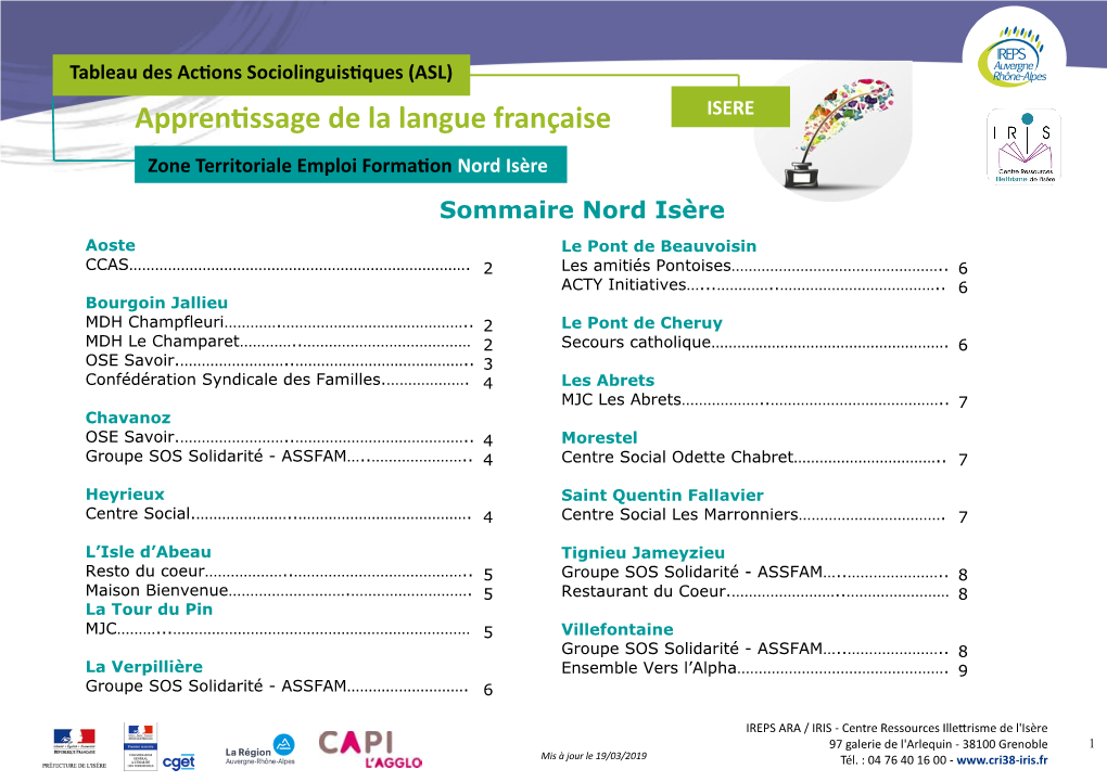 Apprentissage De La Langue Française ISERE Zone Territoriale Emploi Formation Nord Isère Sommaire Nord Isère