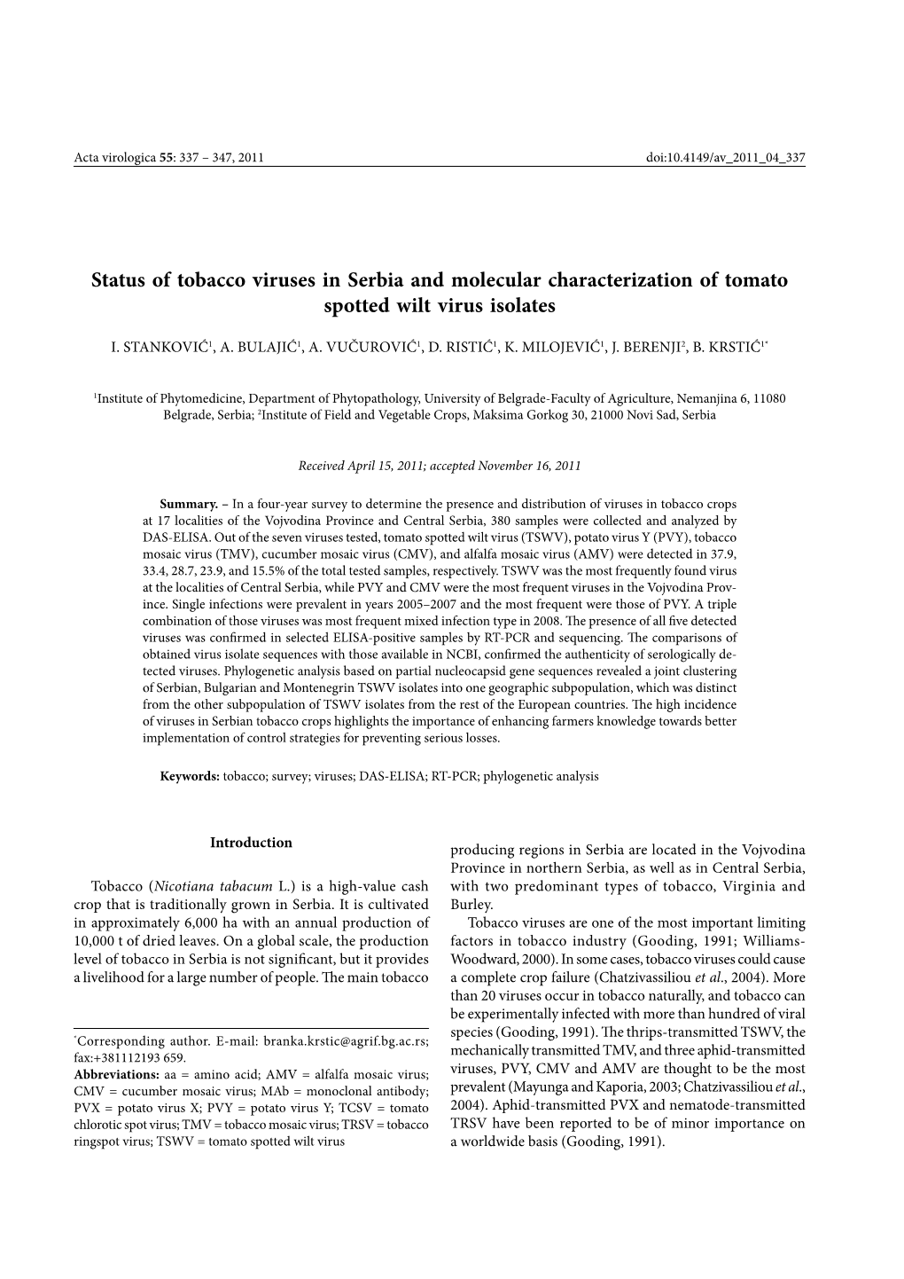 Status of Tobacco Viruses in Serbia and Molecular Characterization of Tomato Spotted Wilt Virus Isolates