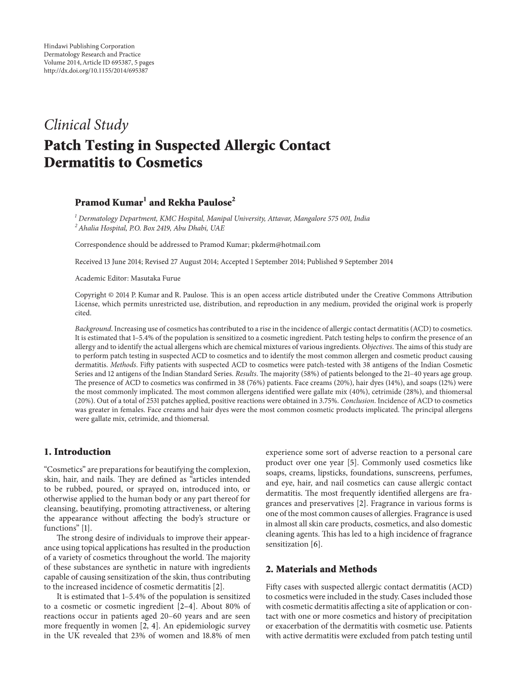 Patch Testing in Suspected Allergic Contact Dermatitis to Cosmetics