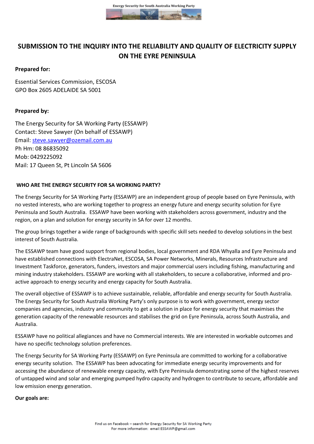 Submission to the Inquiry Into the Reliability and Quality of Electricity Supply on the Eyre Peninsula