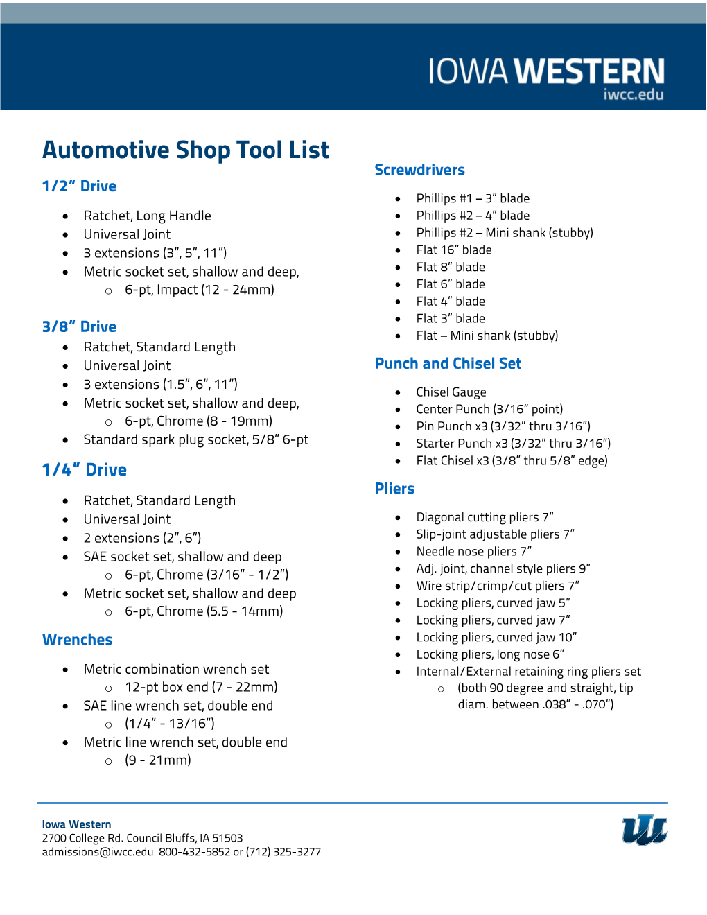Automotive Shop Tool List